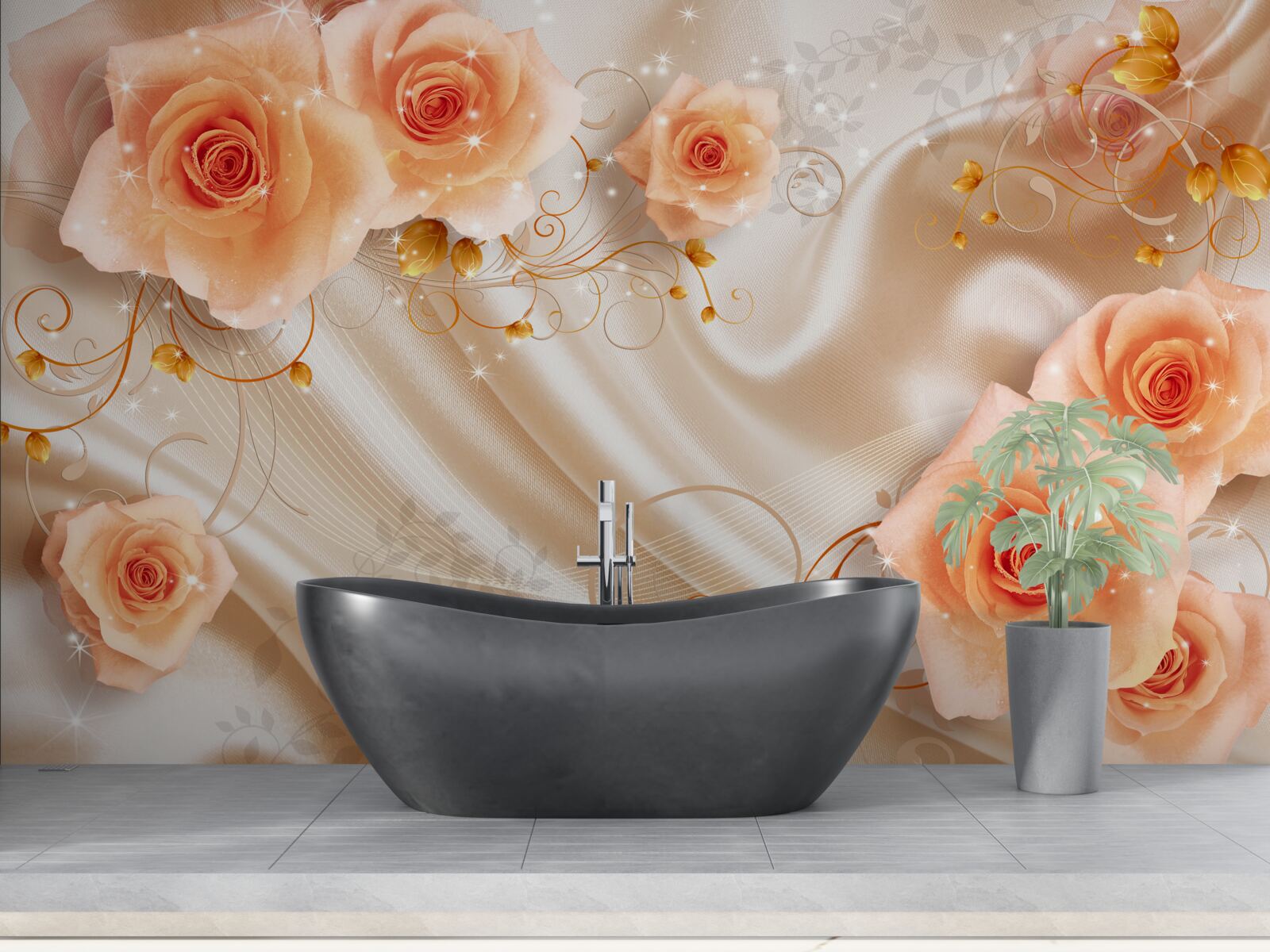 Papier peint roses orange sur satin de soie