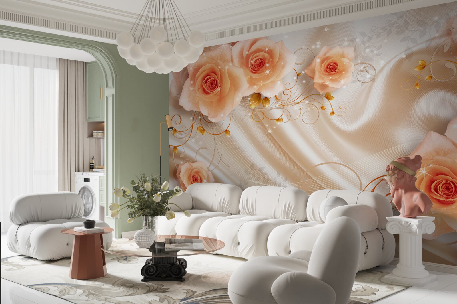 Papier peint roses orange sur satin de soie