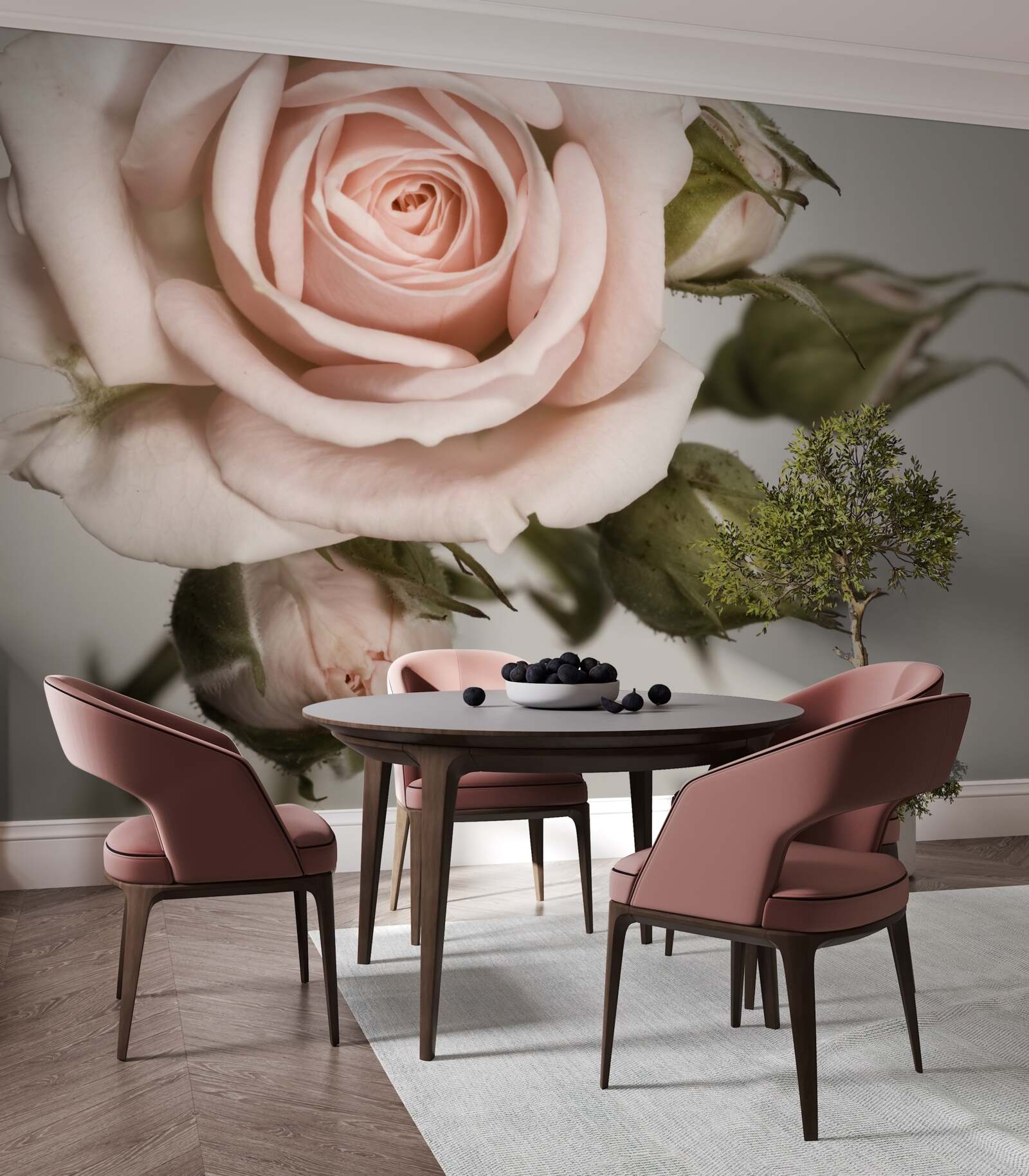 Papier peint une rose dans les tons de rose poudré et ses boutons de fleurs