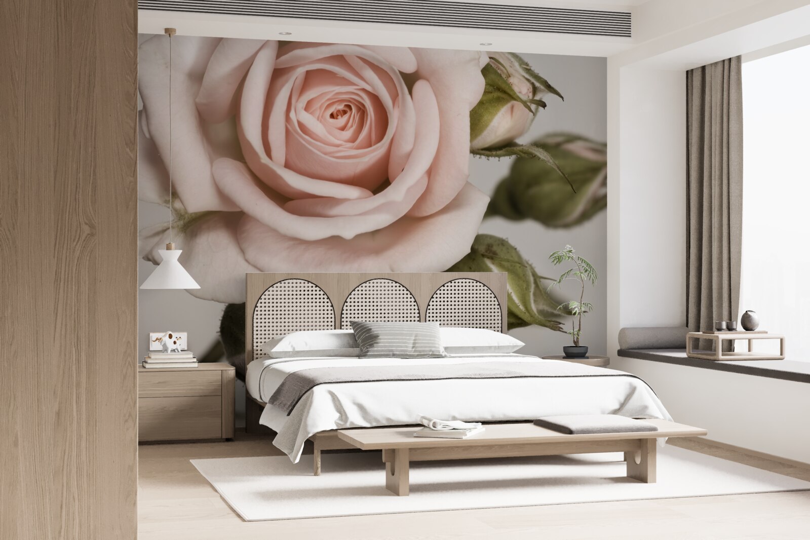 Papier peint une rose dans les tons de rose poudré et ses boutons de fleurs