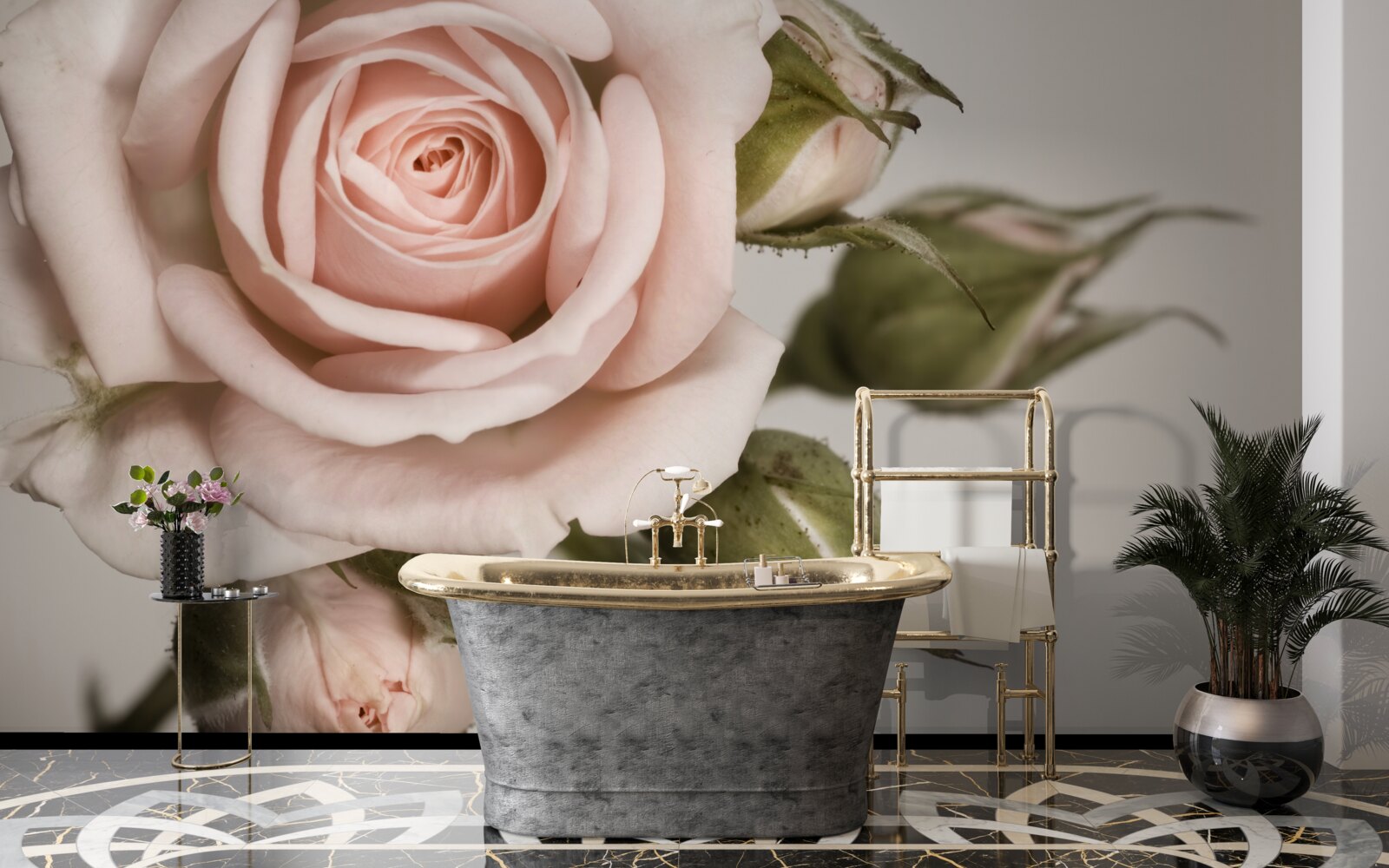 Papier peint une rose dans les tons de rose poudré et ses boutons de fleurs