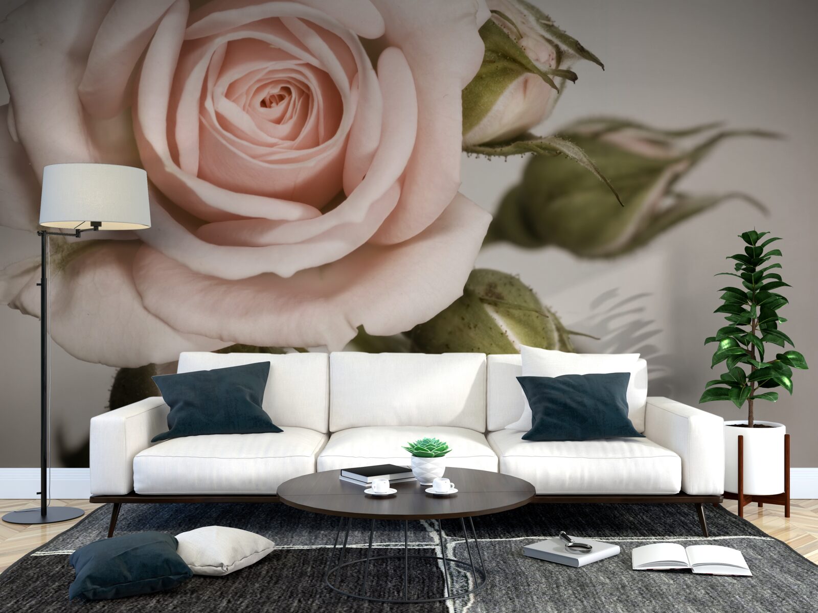 Papier peint une rose dans les tons de rose poudré et ses boutons de fleurs