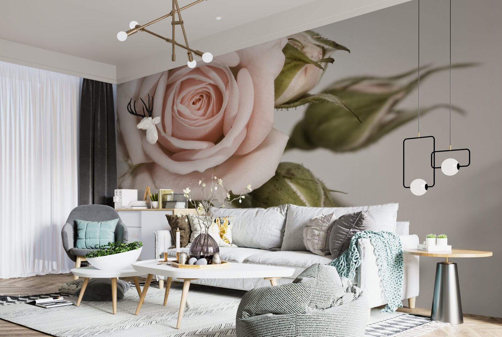 Papier peint une rose dans les tons de rose poudré et ses boutons de fleurs