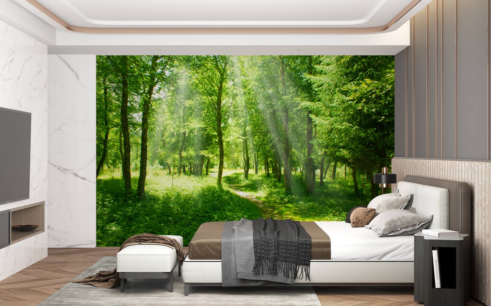 Papier peint les rayons du soleil brillent à travers les couronnes des arbres de la forêt