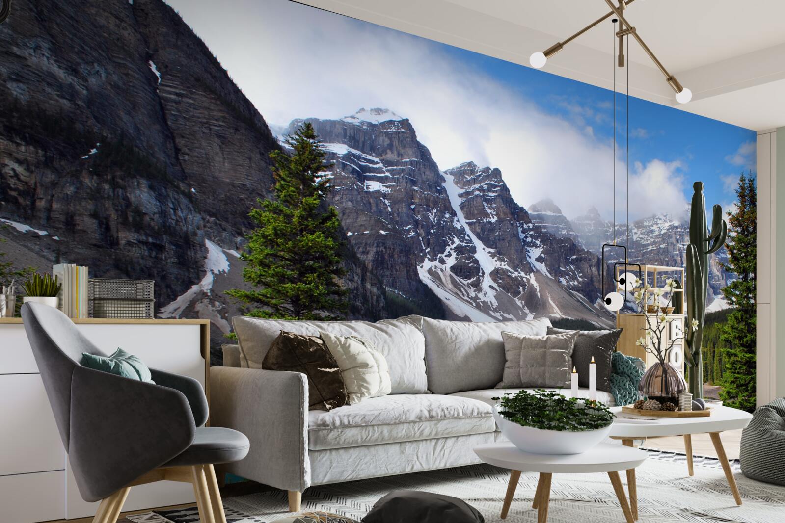 Papier peint un lac aux eaux bleues au pied de sommets montagneux