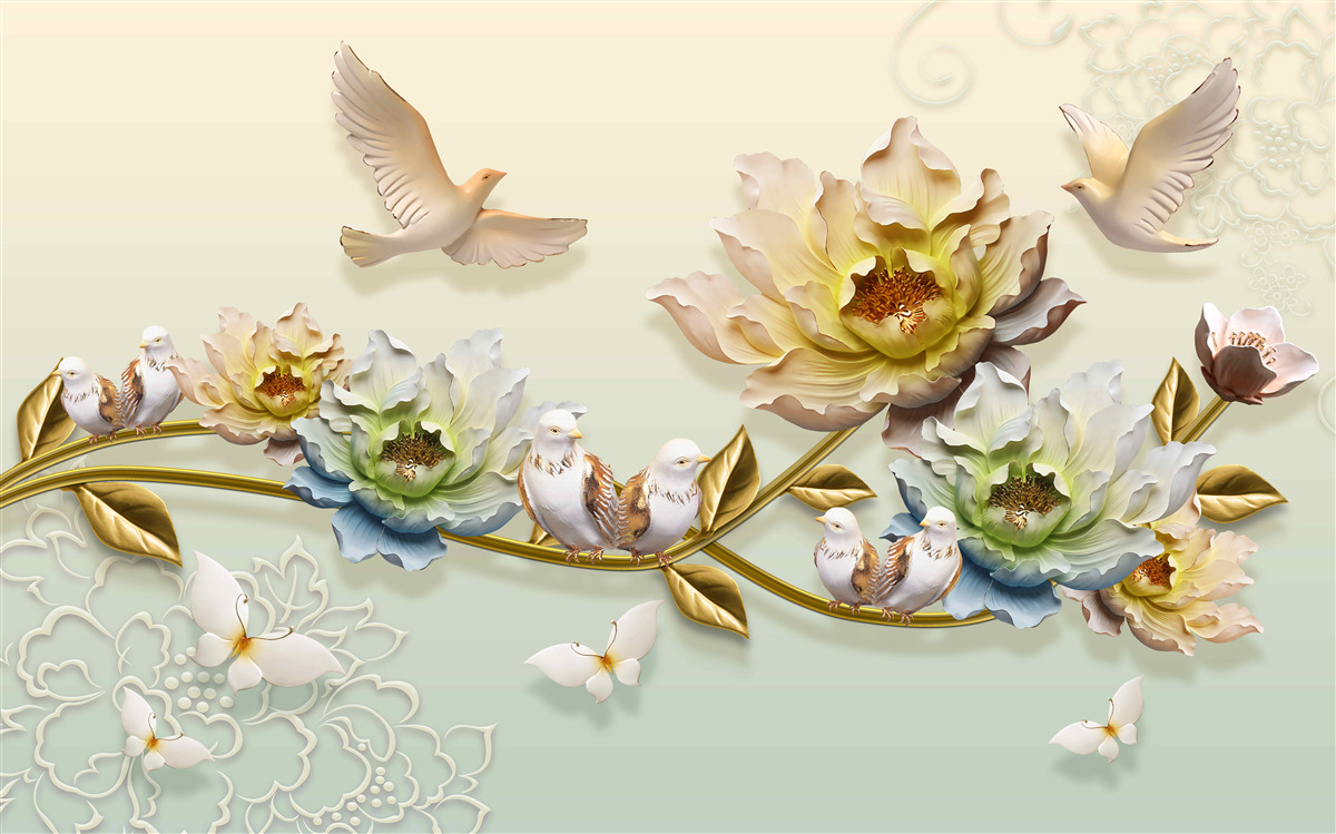 Papier peint branche décorée de fleurs, pigeons dessus