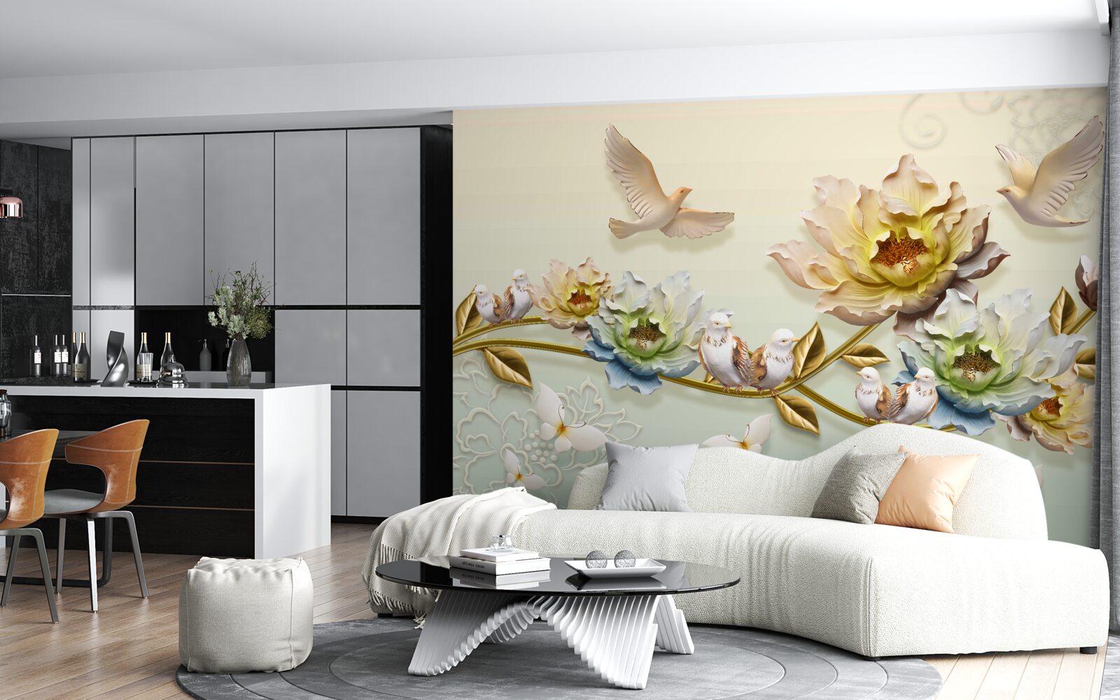 Papier peint branche décorée de fleurs, pigeons dessus