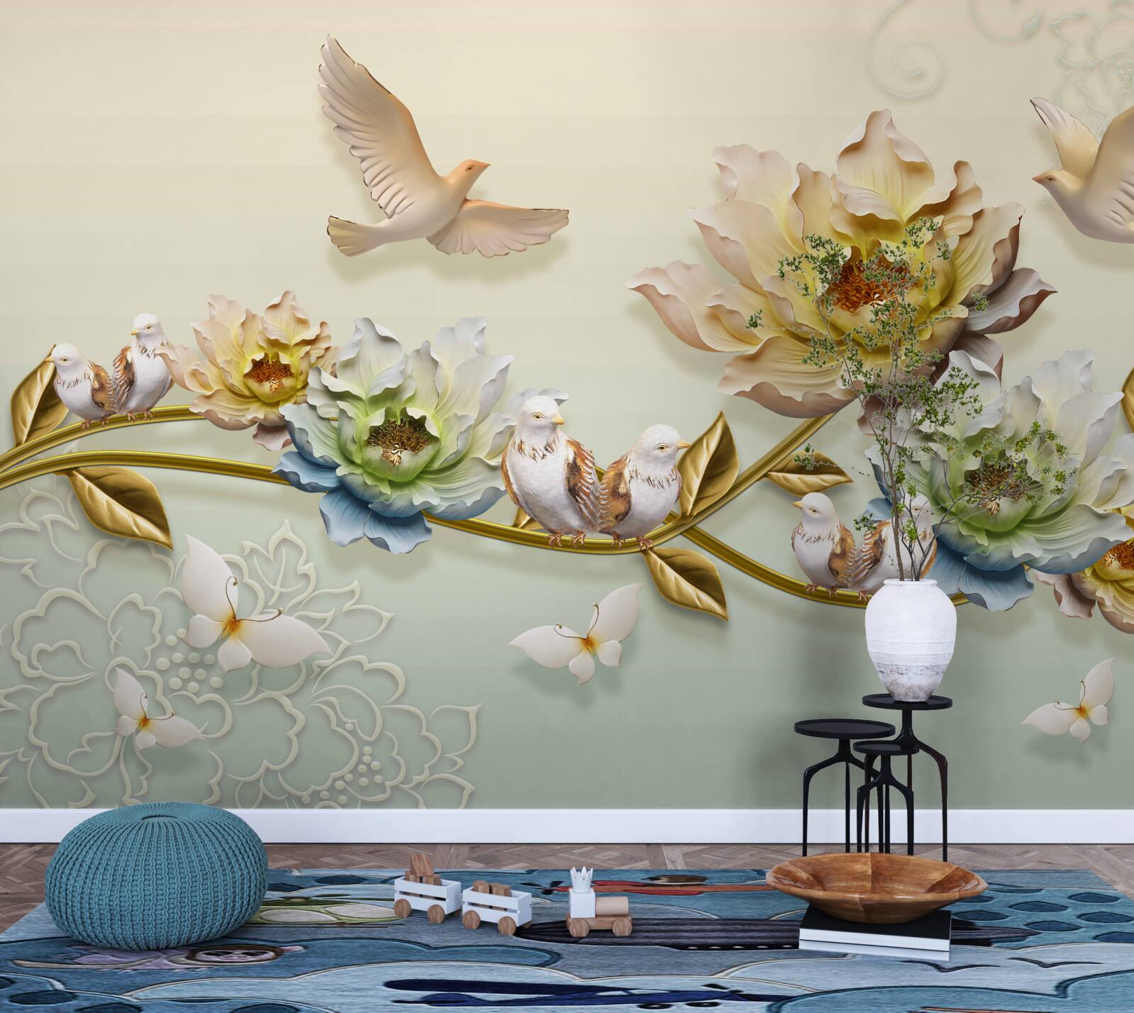 Papier peint branche décorée de fleurs, pigeons dessus