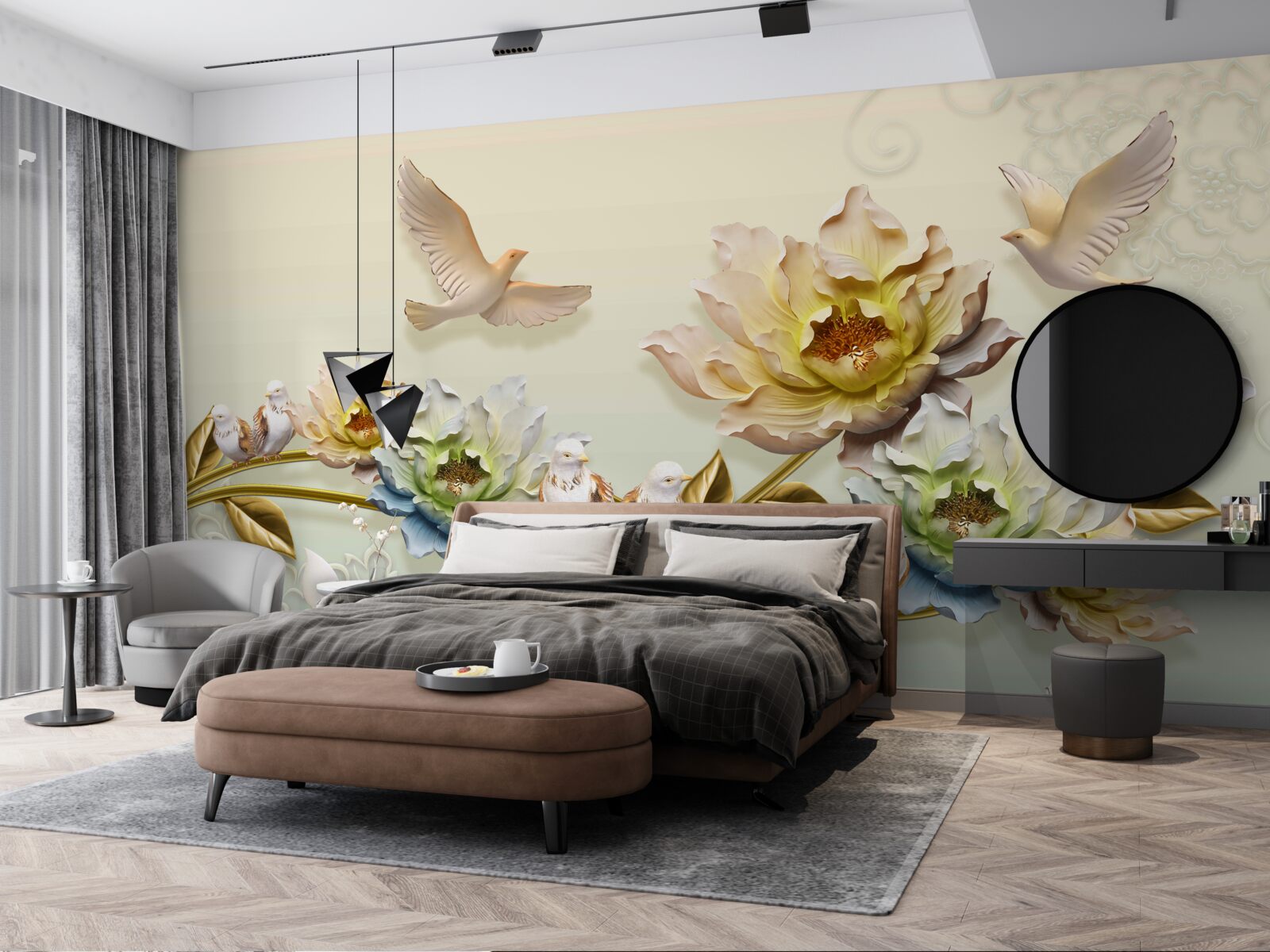 Papier peint branche décorée de fleurs, pigeons dessus