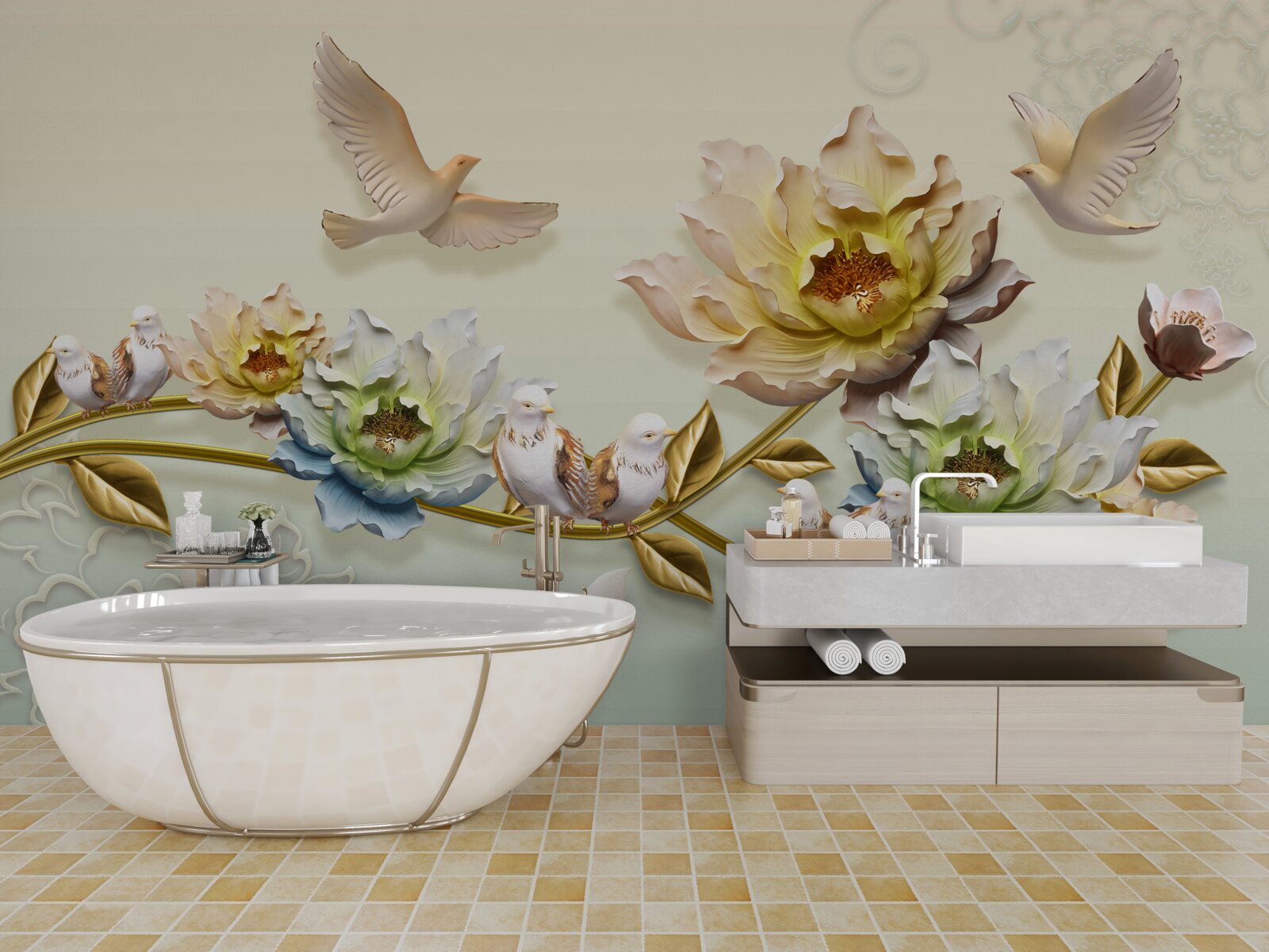 Papier peint branche décorée de fleurs, pigeons dessus