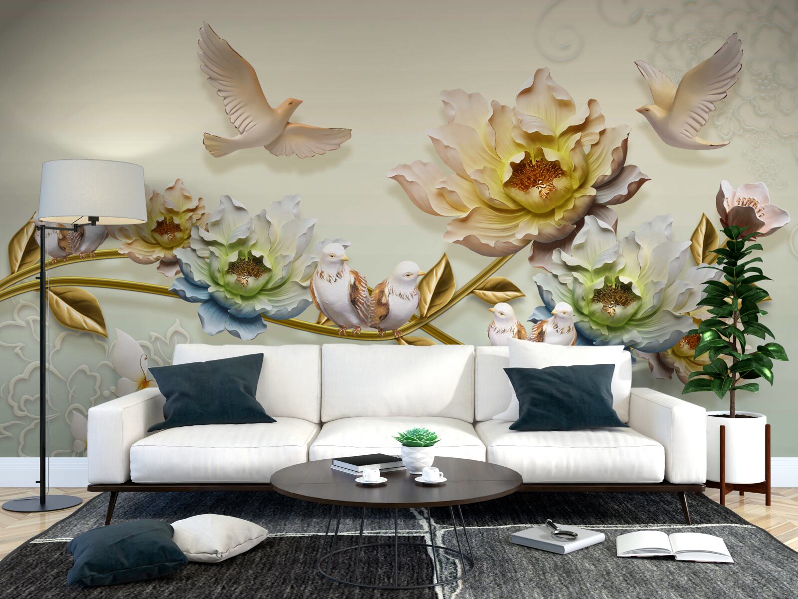 Papier peint branche décorée de fleurs, pigeons dessus