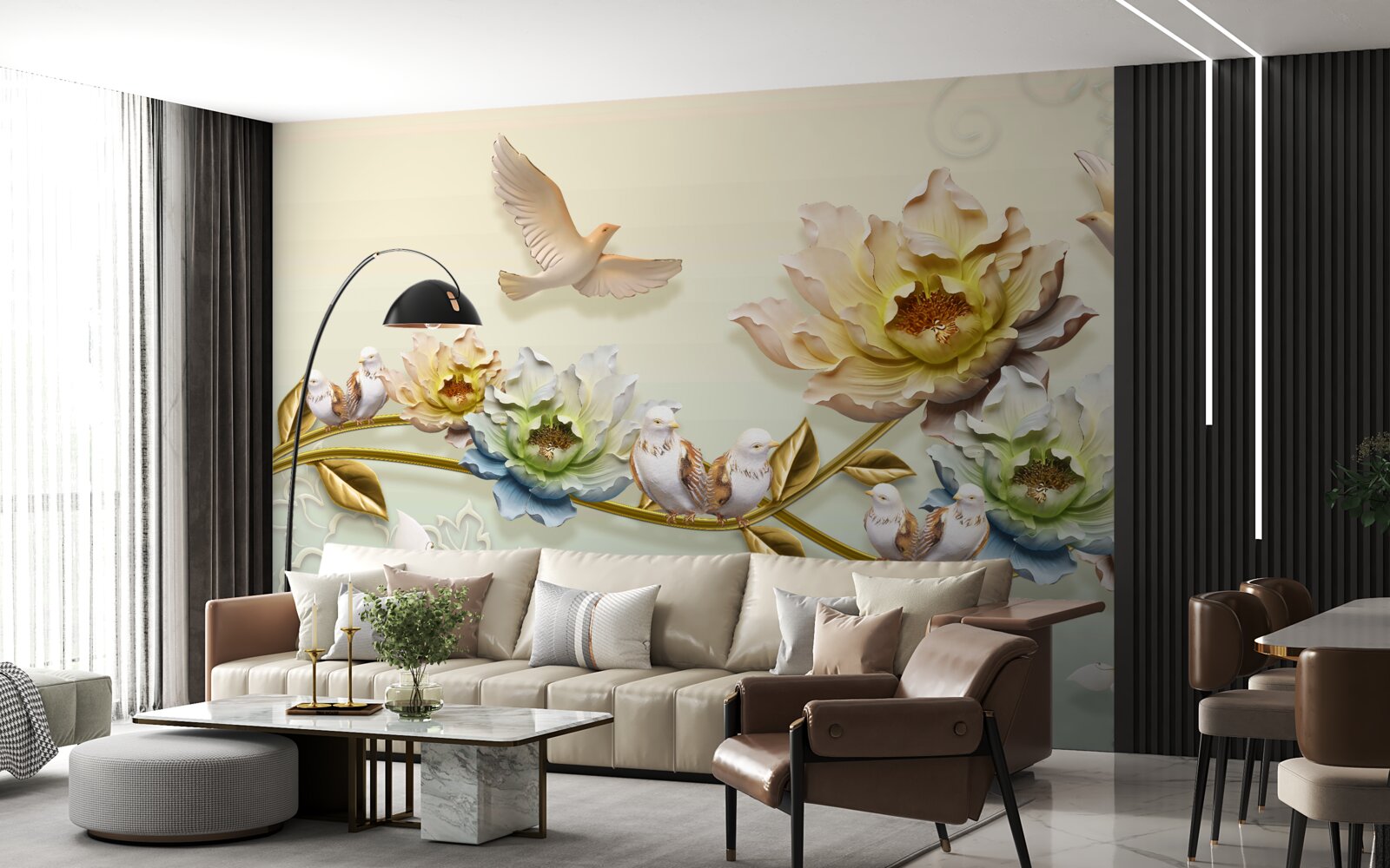 Papier peint branche décorée de fleurs, pigeons dessus