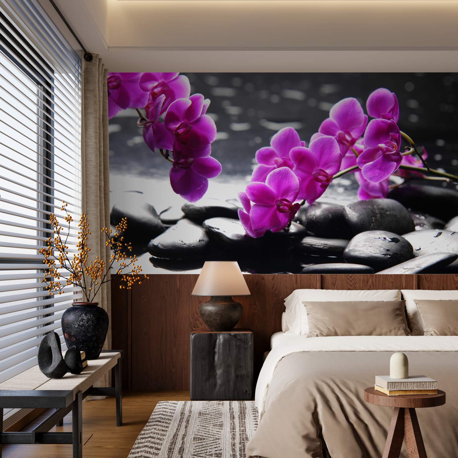 Papier peint orchidée de couleur lilas, sertie sur des pierres noires mates