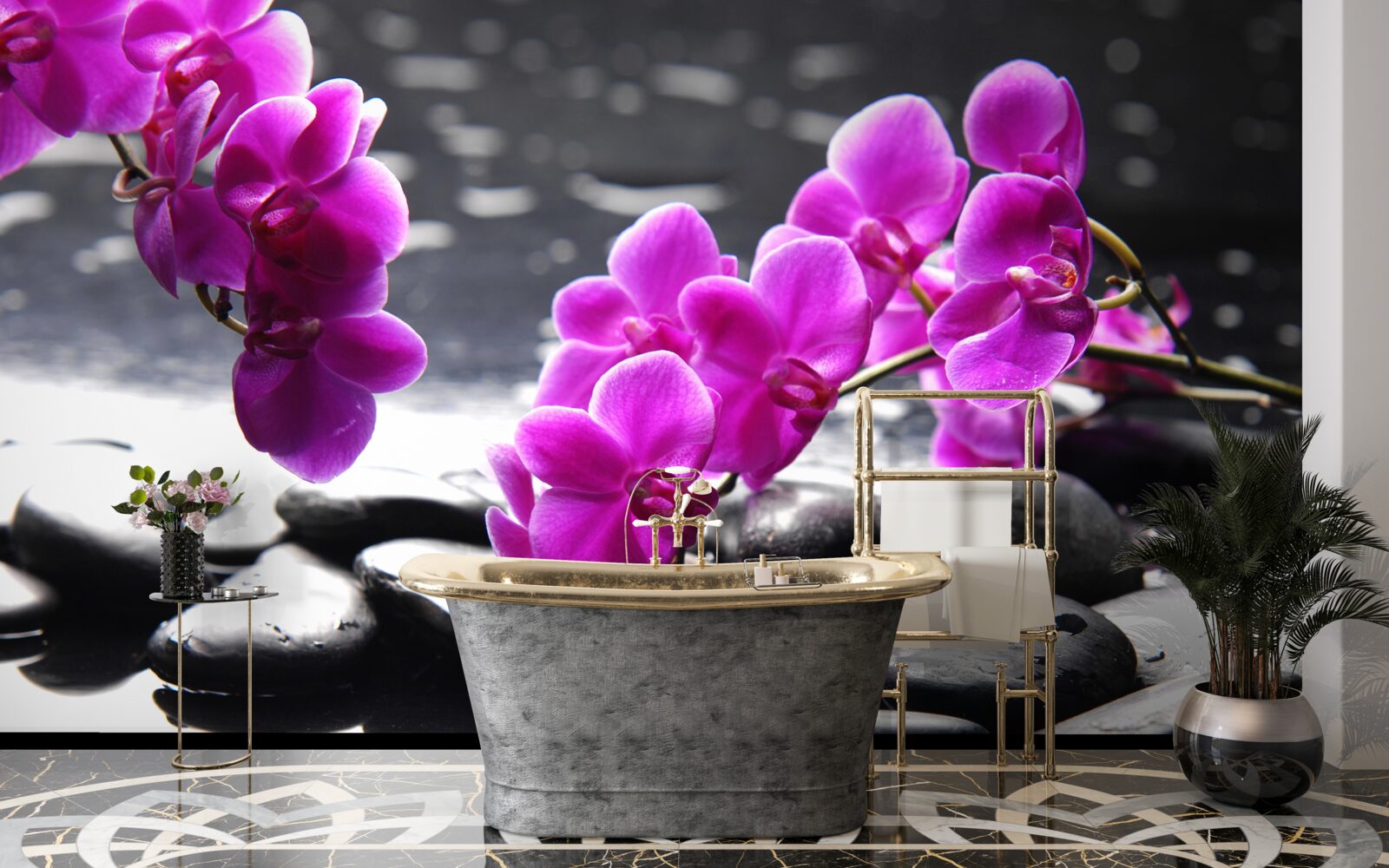 Papier peint orchidée de couleur lilas, sertie sur des pierres noires mates