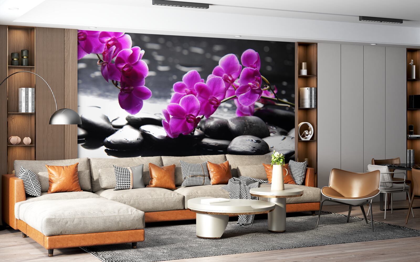 Papier peint orchidée de couleur lilas, sertie sur des pierres noires mates