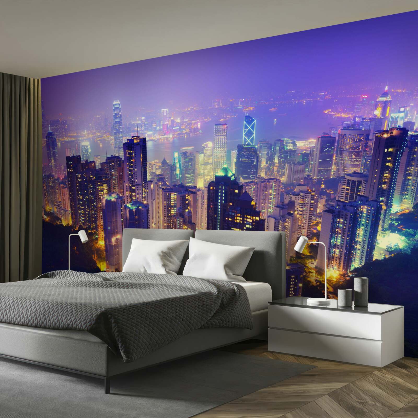 Papier peint hong kong, la nuit, a une ligne d'horizon stupéfiante