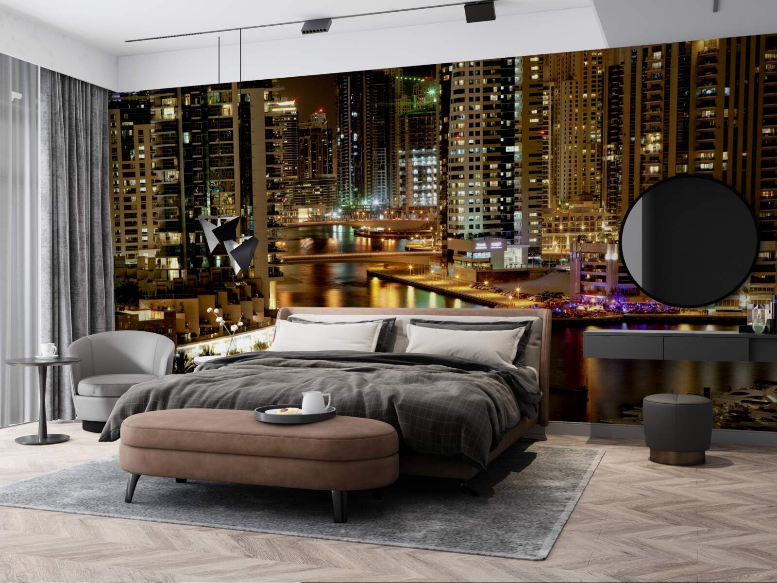 Papier peint quai de nuit avec bateaux