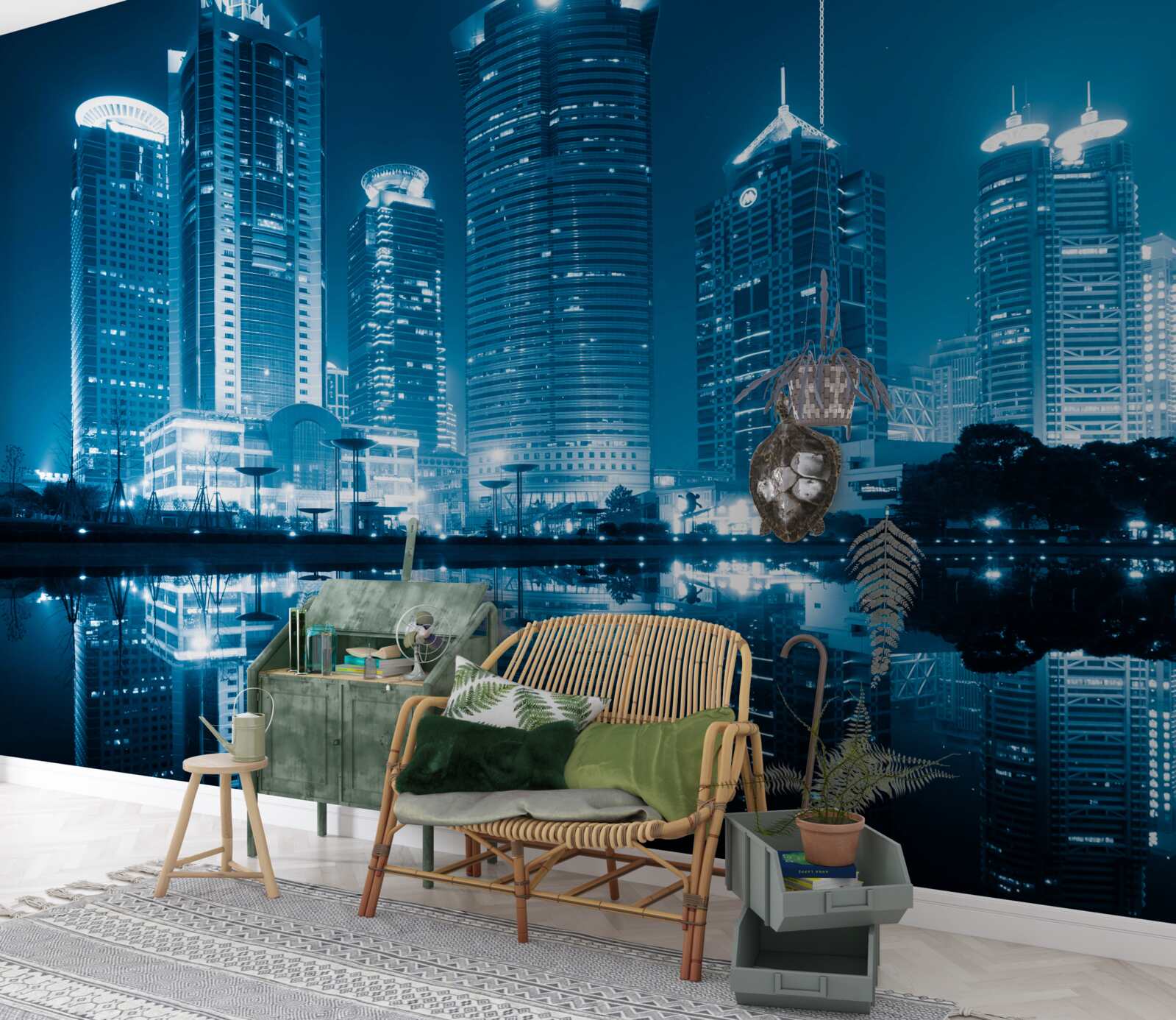 Papier peint nuit shanghai a la lumiere des lanternes