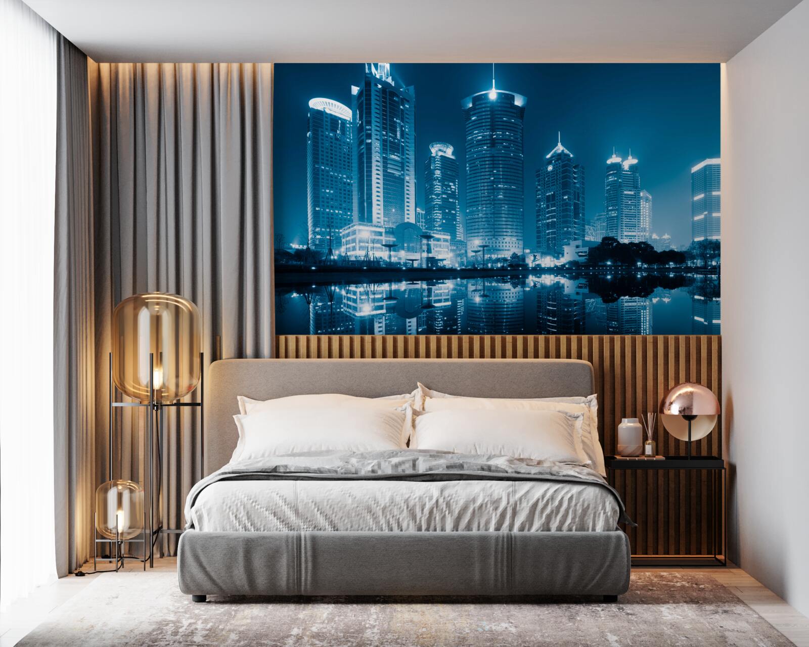 Papier peint nuit shanghai a la lumiere des lanternes