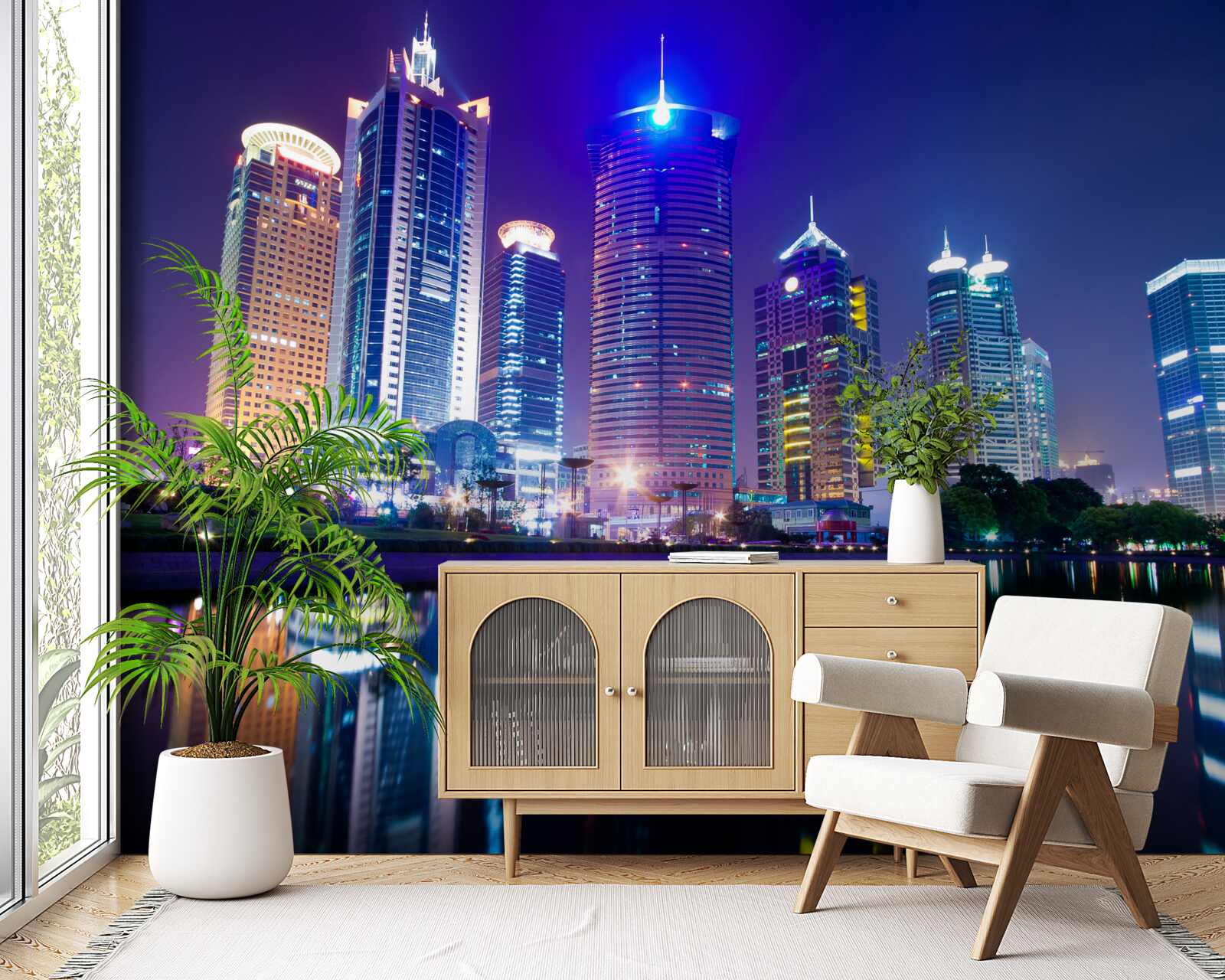 Papier peint reflets des gratte-ciel la nuit