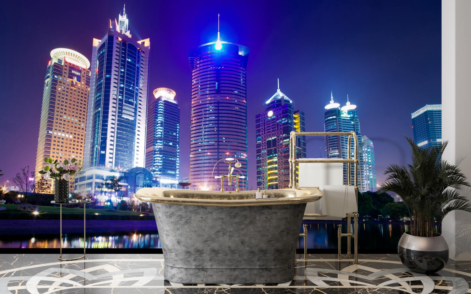 Papier peint reflets des gratte-ciel la nuit