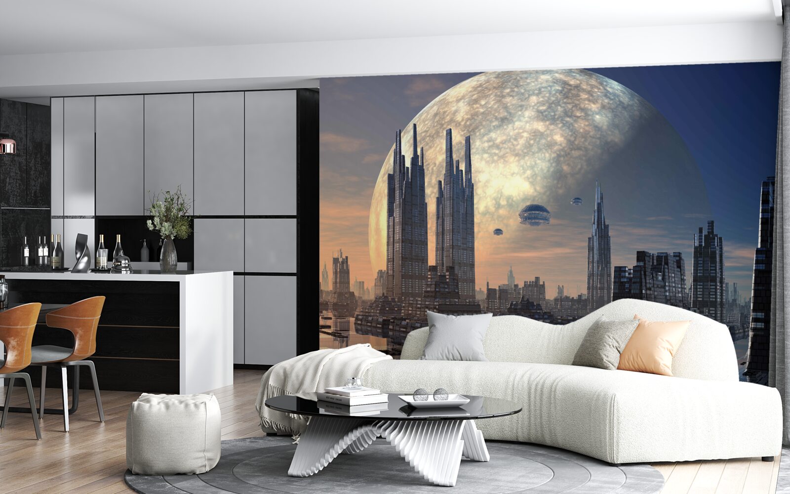 Papier peint ville futuriste au clair de lune