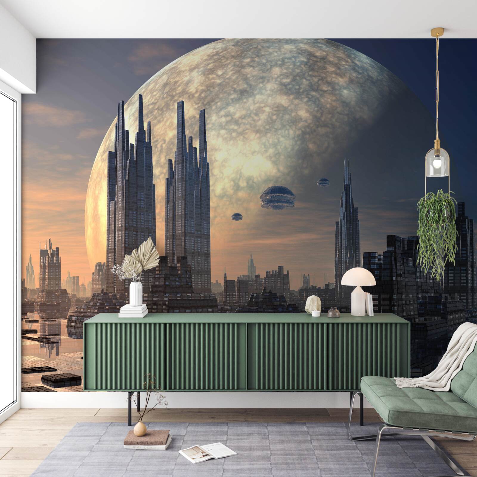 Papier peint ville futuriste au clair de lune