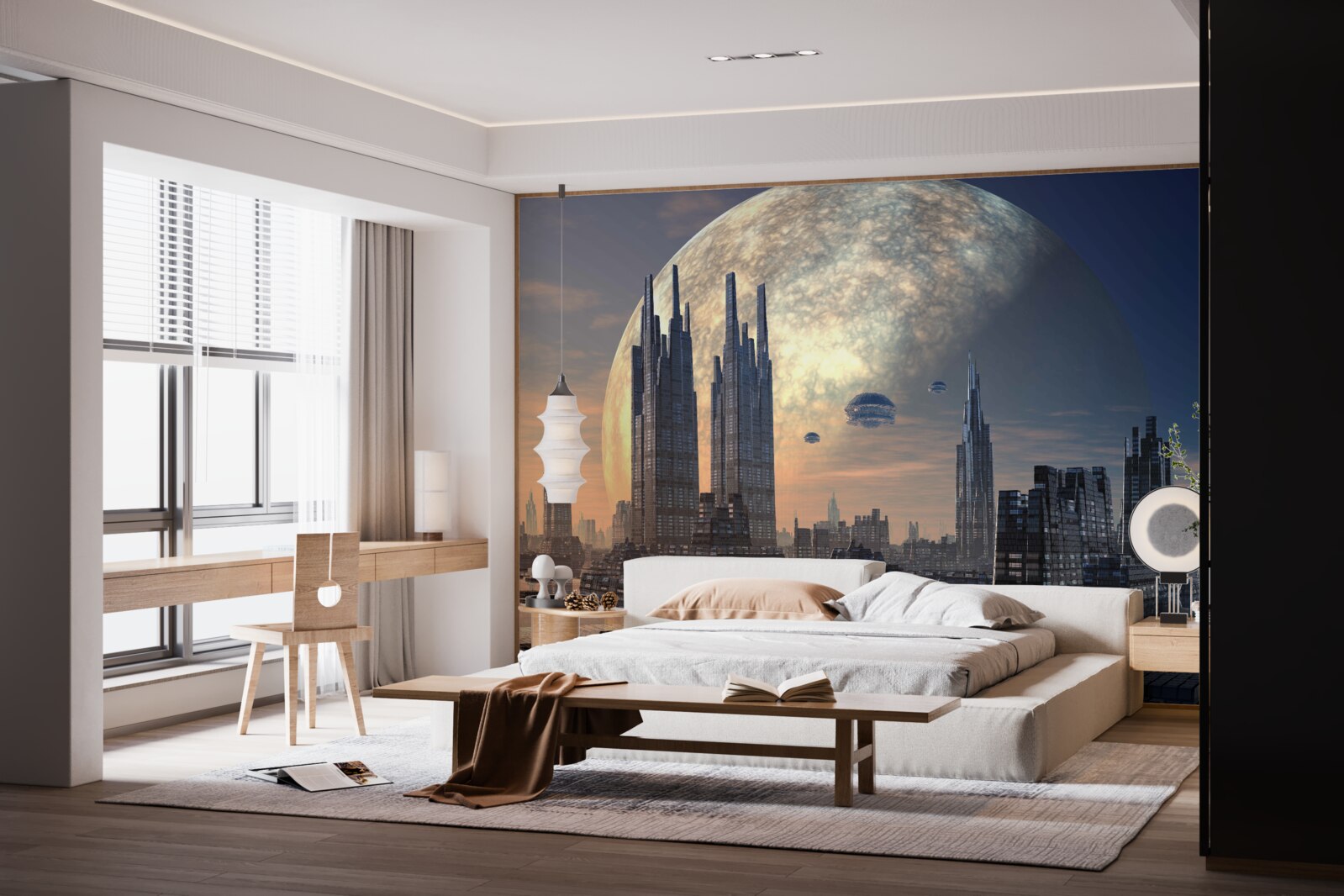 Papier peint ville futuriste au clair de lune