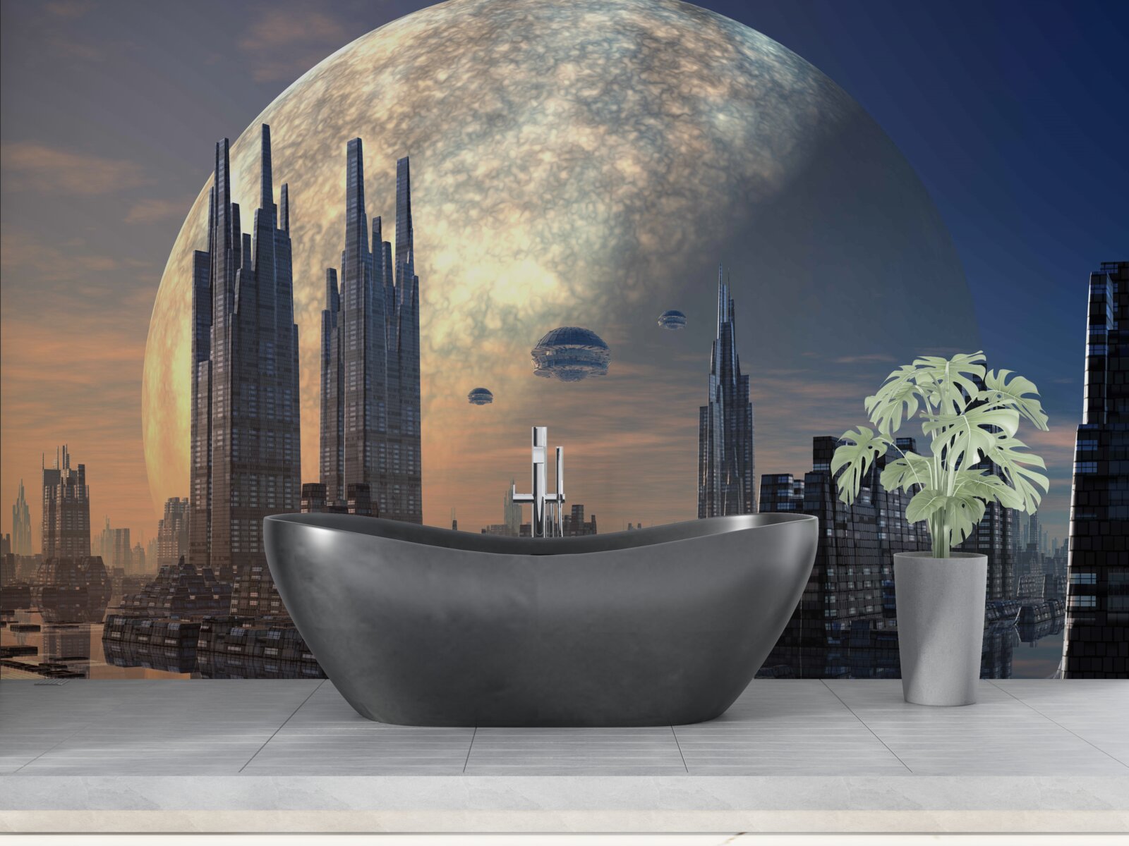 Papier peint ville futuriste au clair de lune