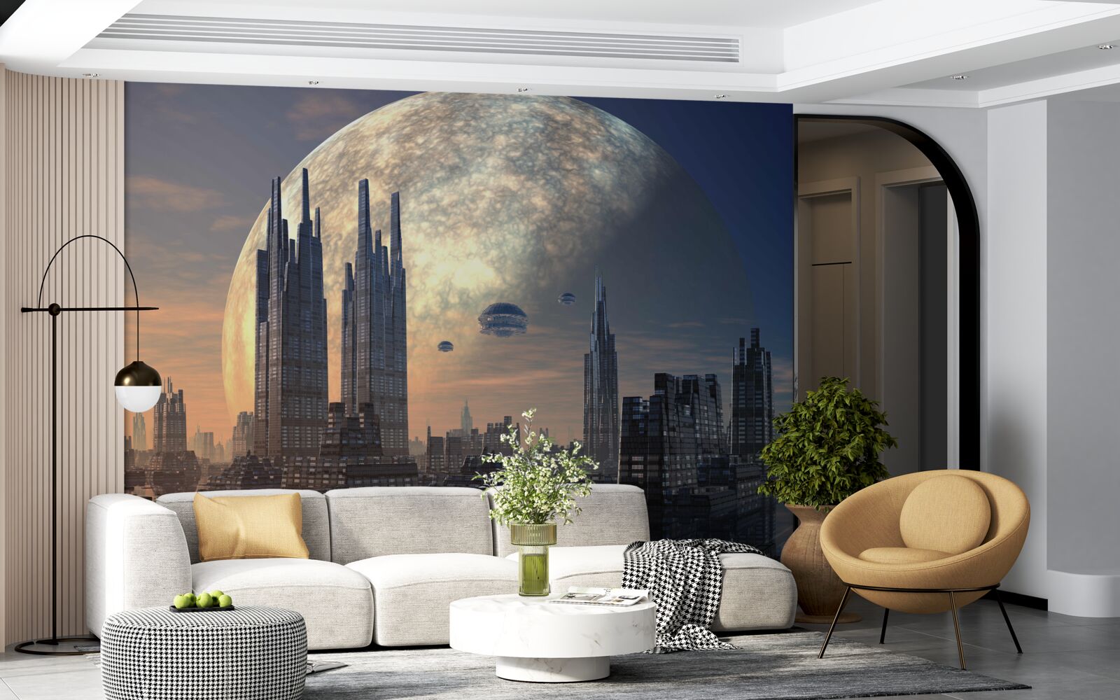 Papier peint ville futuriste au clair de lune