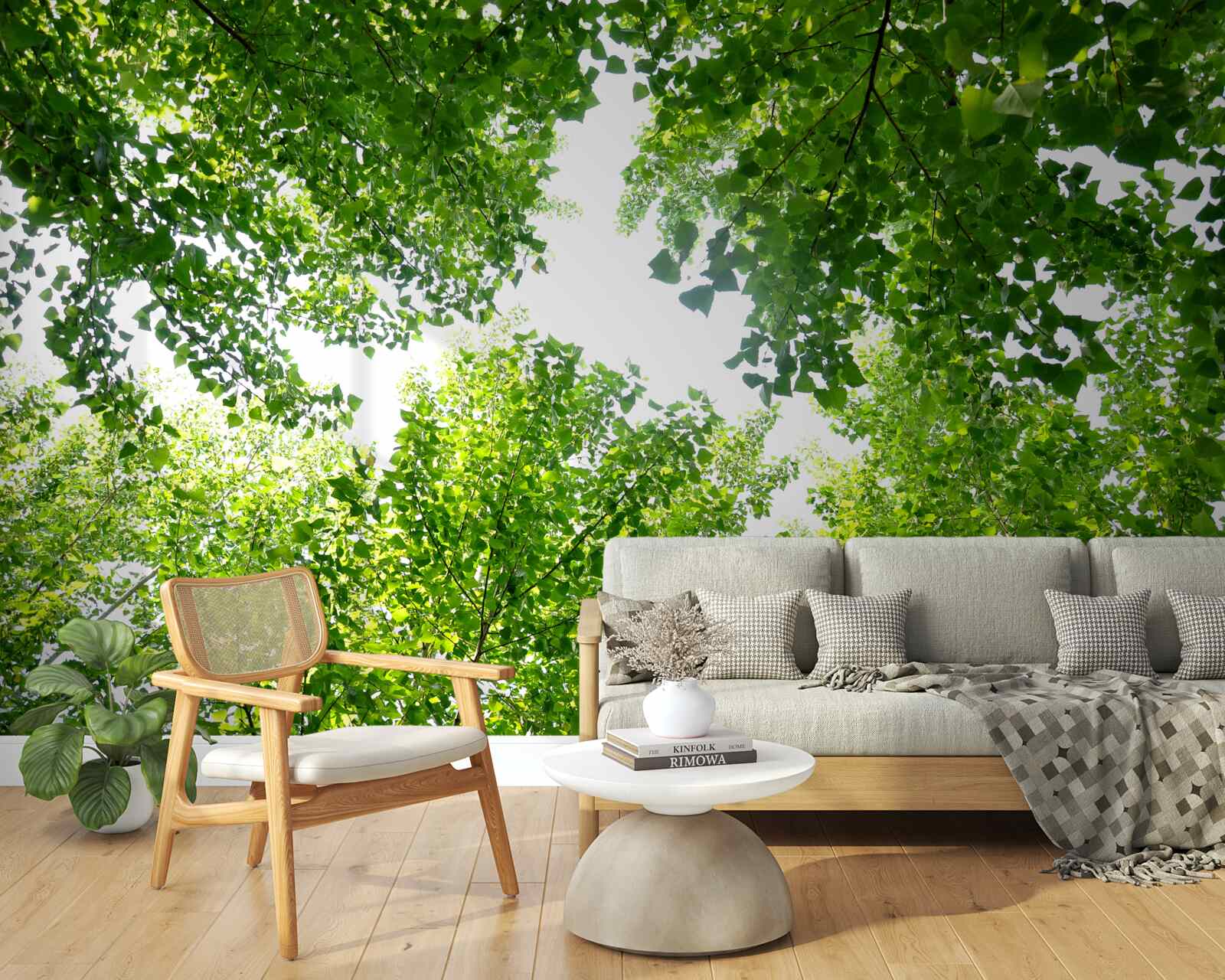 Papier peint ciel blanc souligné par des feuilles vertes