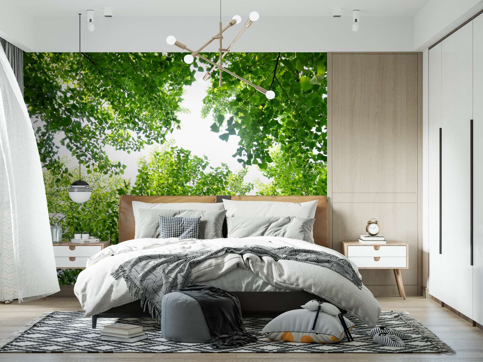 Papier peint ciel blanc souligné par des feuilles vertes