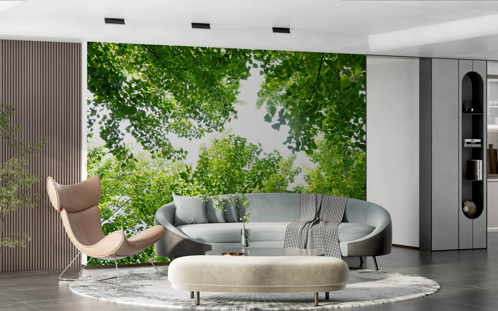 Papier peint ciel blanc souligné par des feuilles vertes