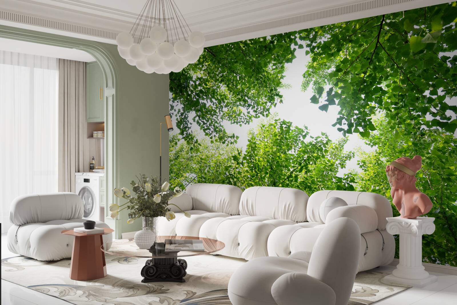 Papier peint ciel blanc souligné par des feuilles vertes