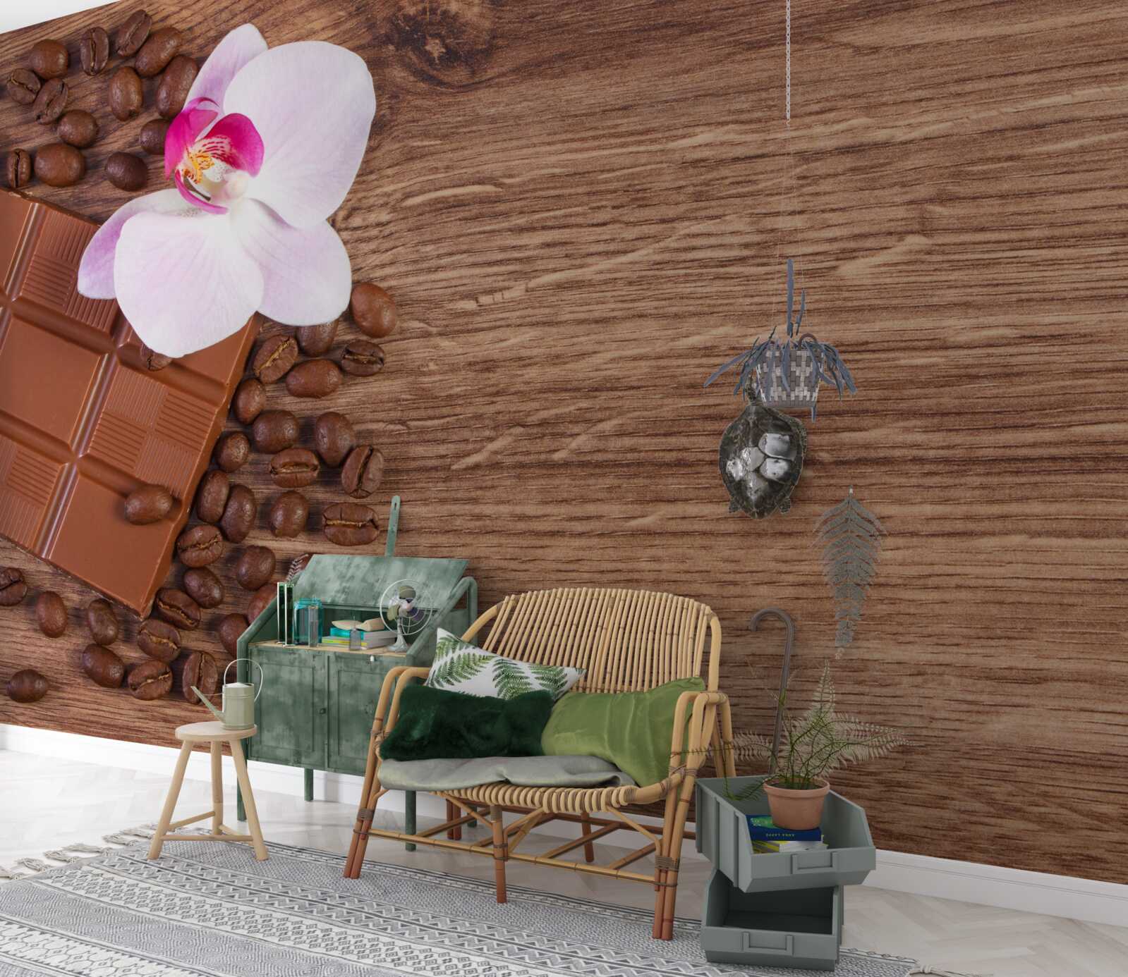 Papier peint orchidée blanche comme neige trempée dans du café et du chocolat