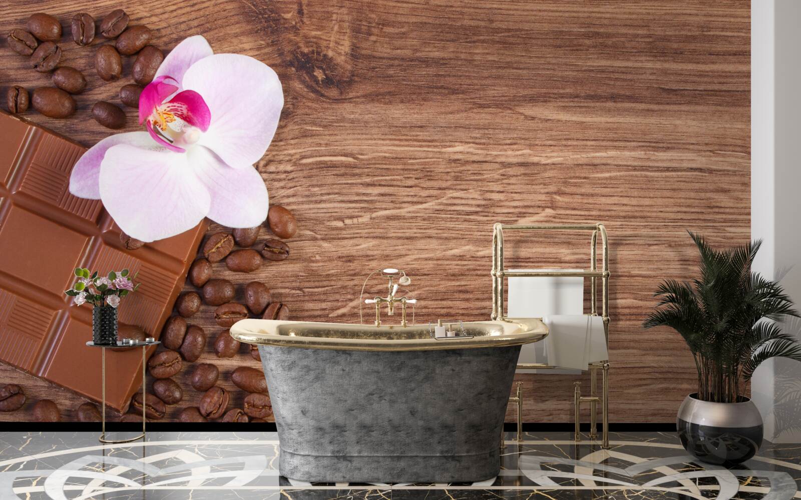 Papier peint orchidée blanche comme neige trempée dans du café et du chocolat