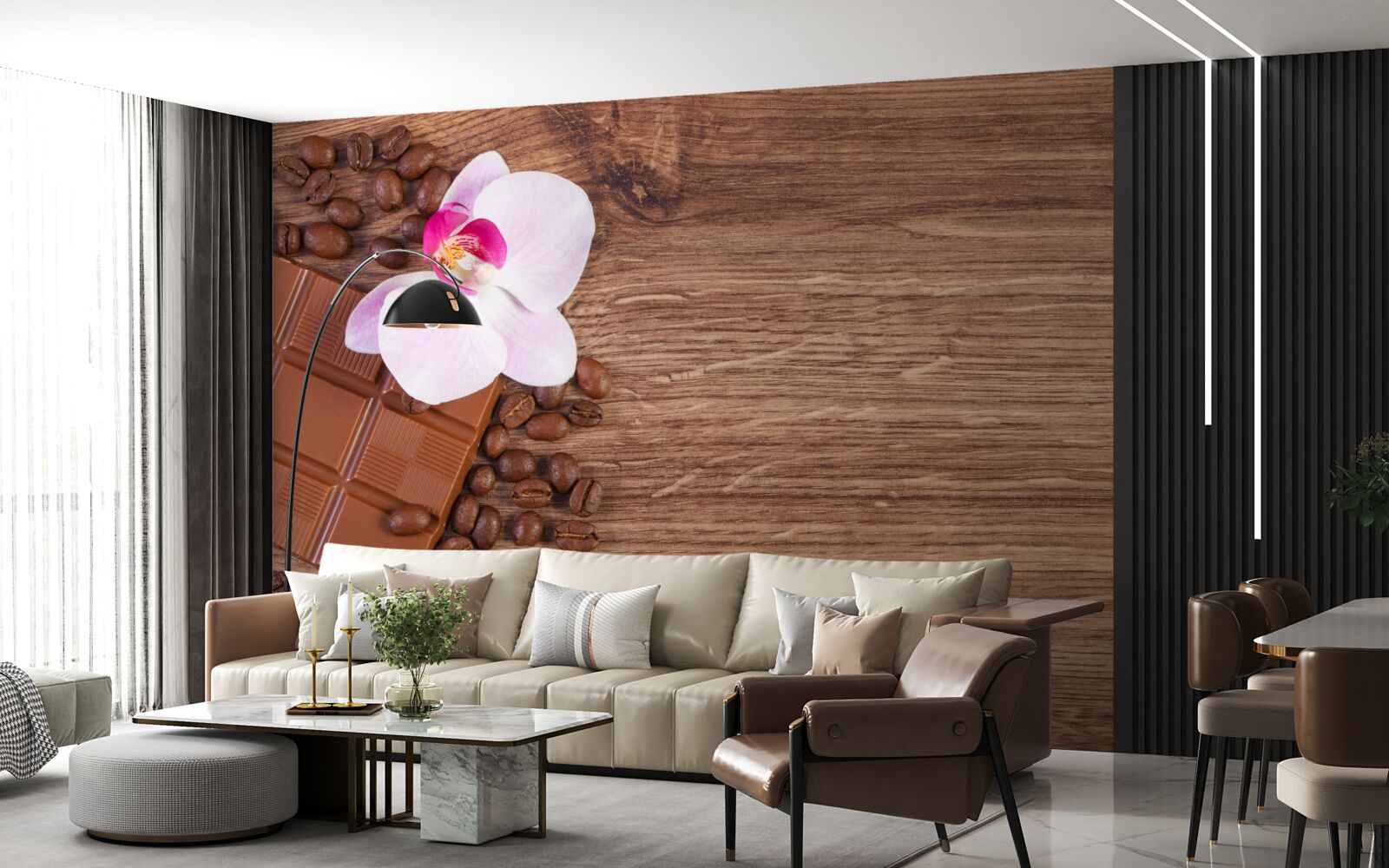 Papier peint orchidée blanche comme neige trempée dans du café et du chocolat