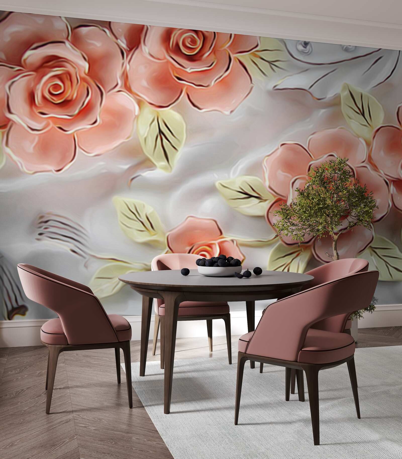 Papier peint roses roses avec feuilles vertes