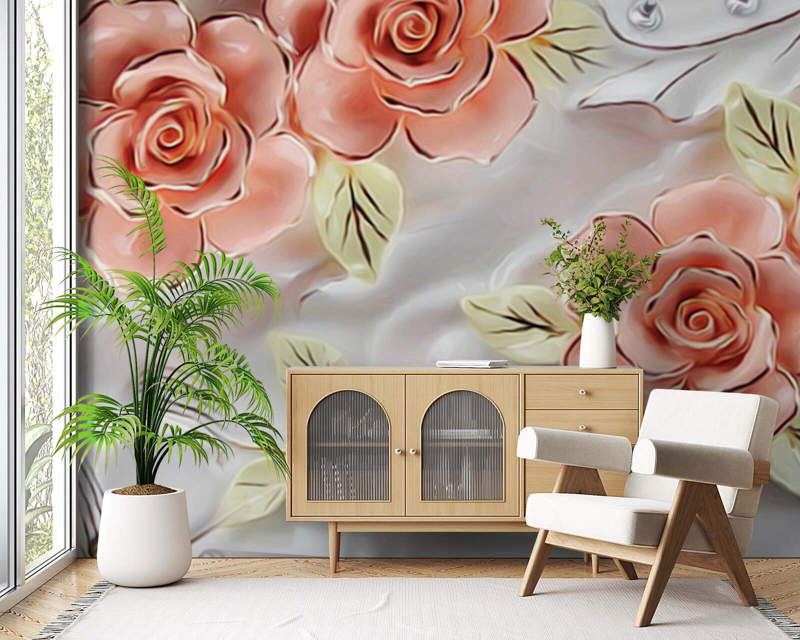 Papier peint roses roses avec feuilles vertes