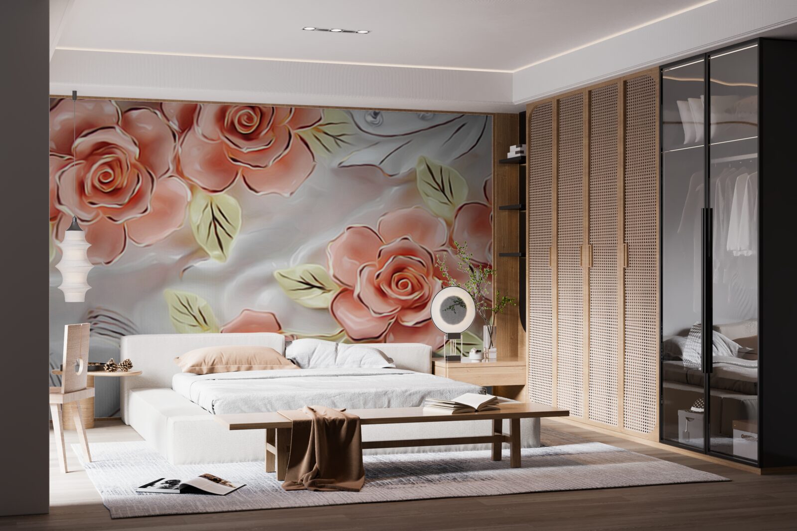 Papier peint roses roses avec feuilles vertes