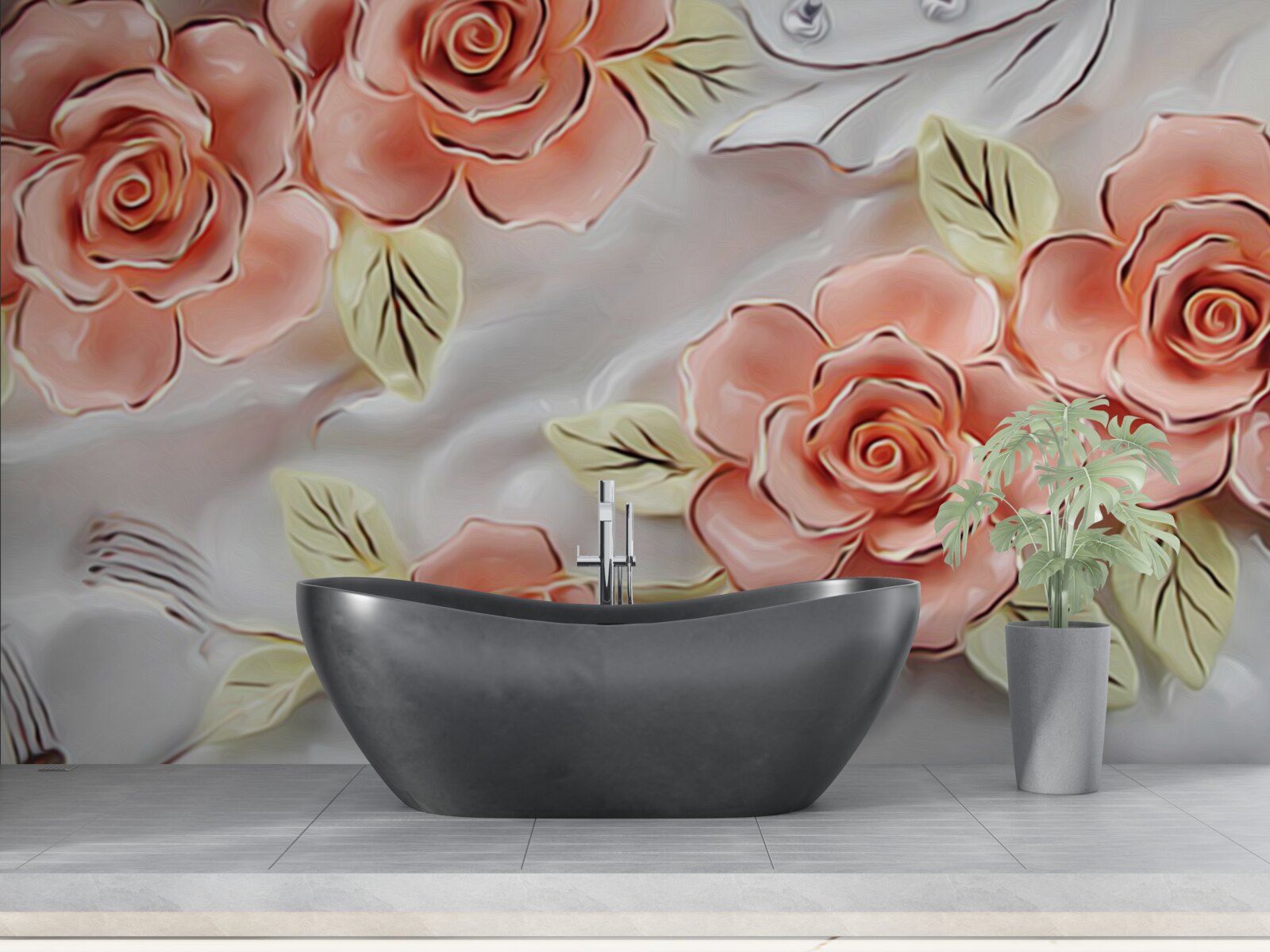 Papier peint roses roses avec feuilles vertes