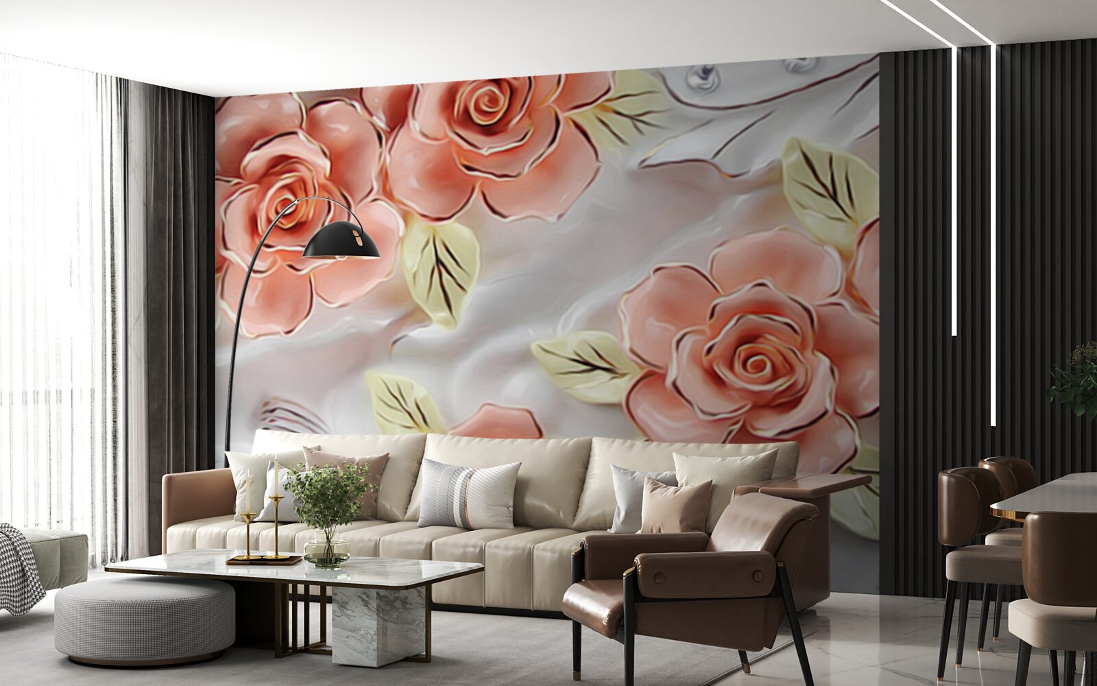 Papier peint roses roses avec feuilles vertes