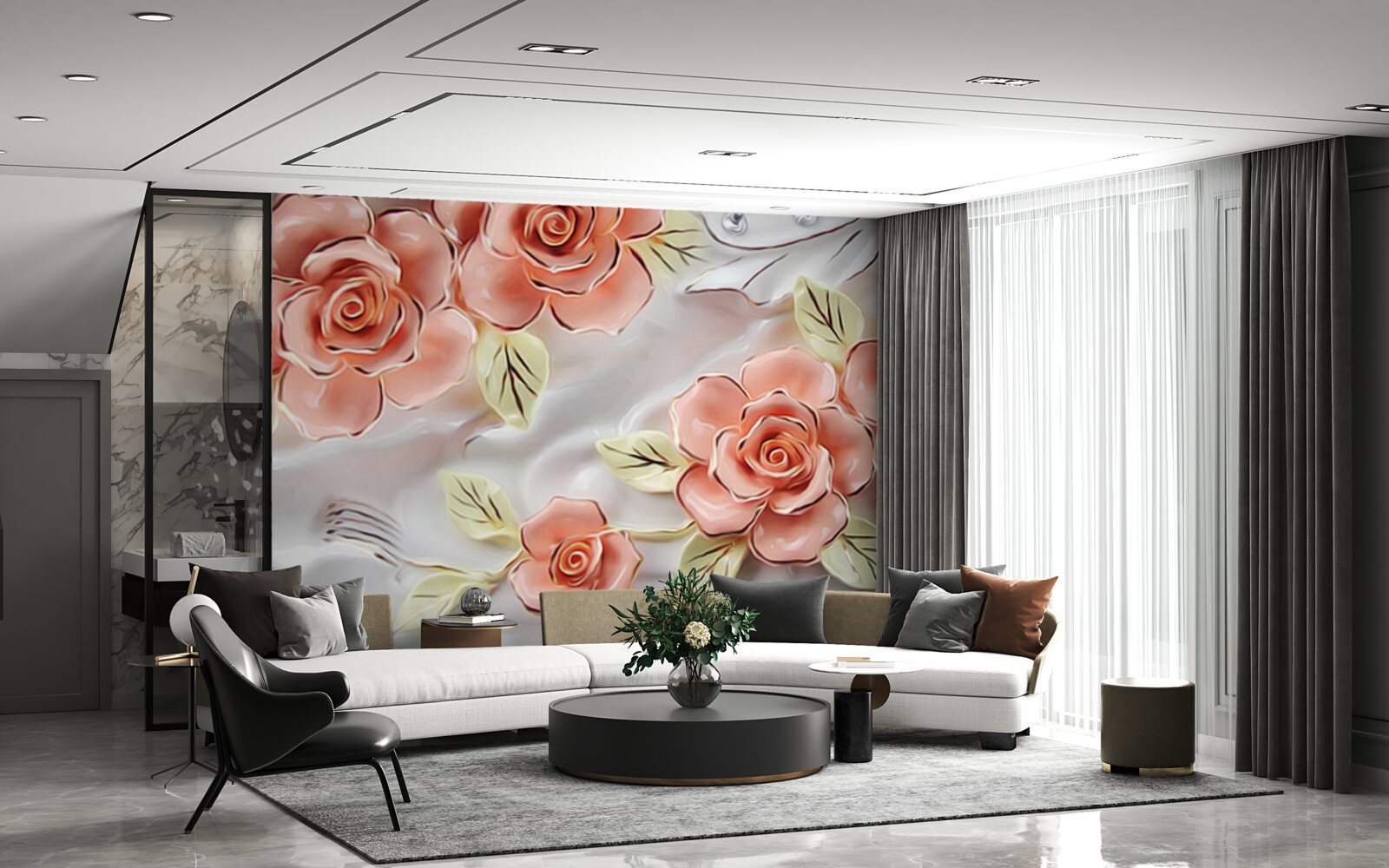 Papier peint roses roses avec feuilles vertes