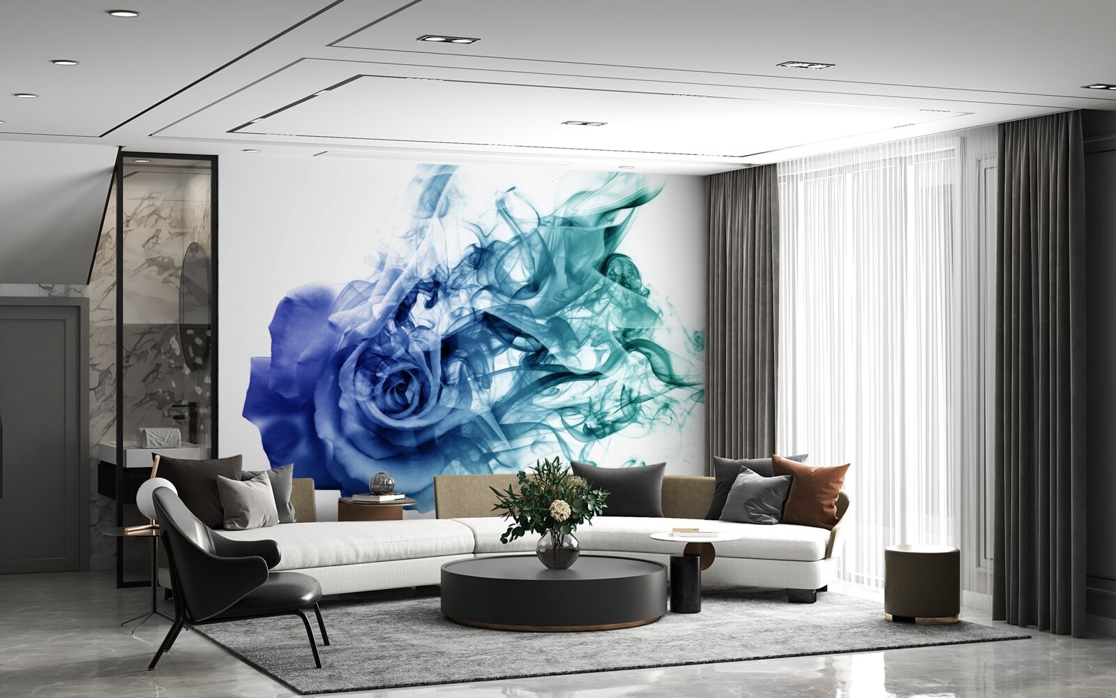 Papier peint rose bleue dans une brume de bleu céleste