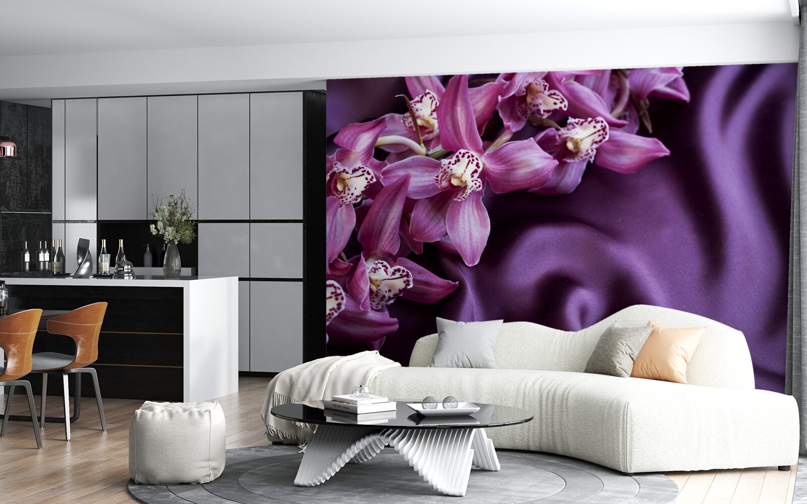 Papier peint orchidées violettes sur satin de la même teinte