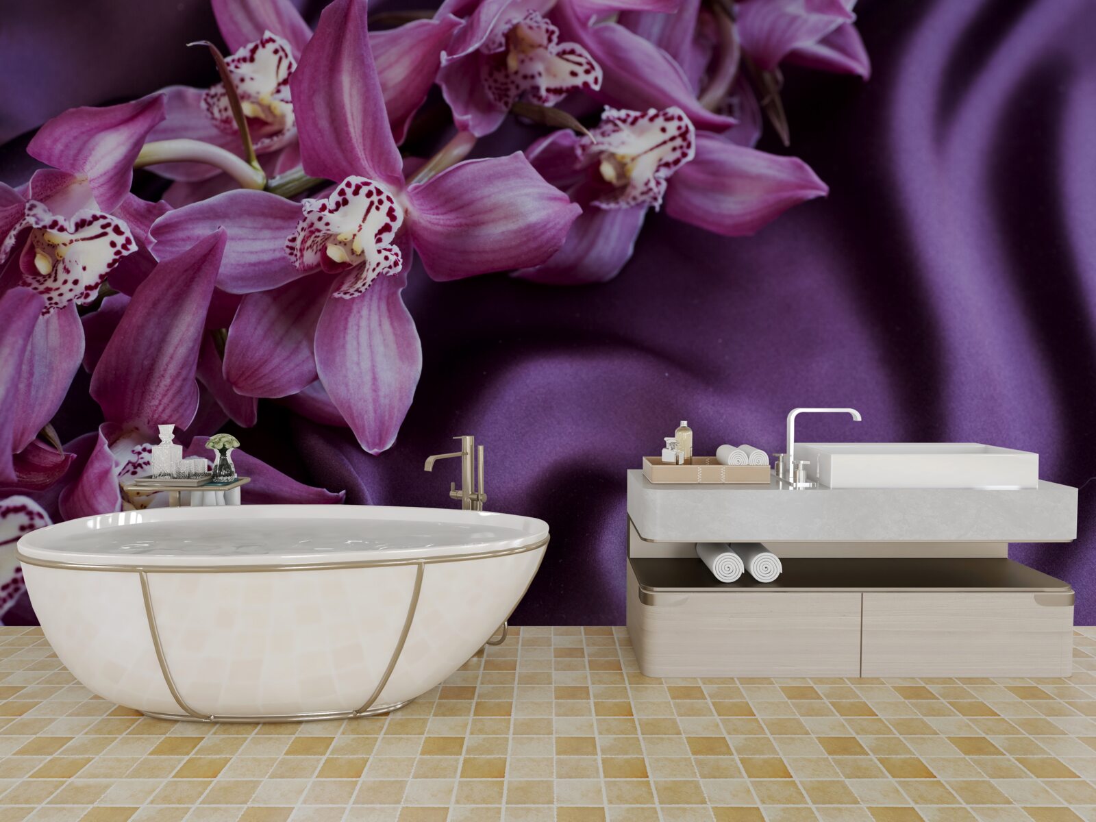 Papier peint orchidées violettes sur satin de la même teinte