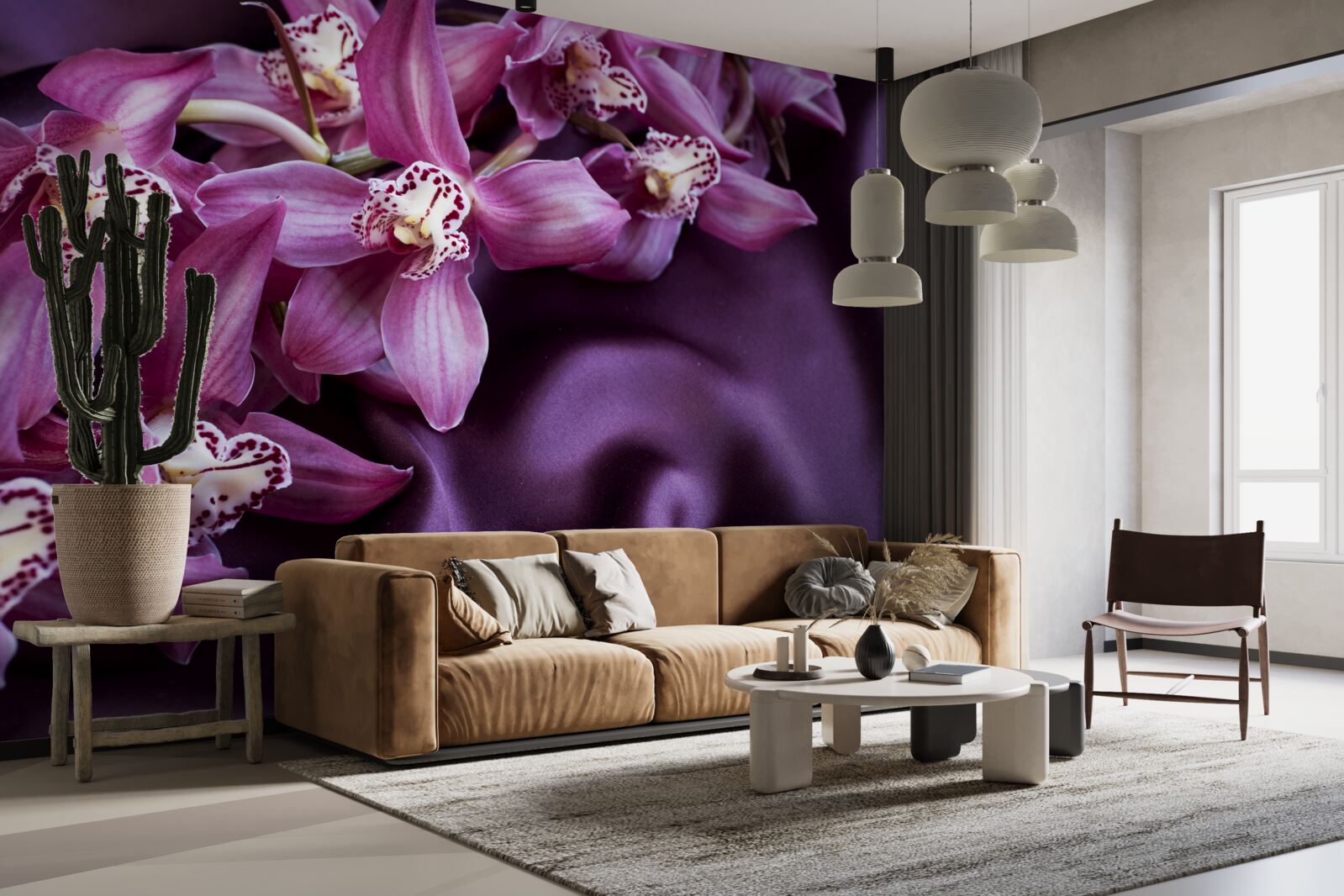 Papier peint orchidées violettes sur satin de la même teinte