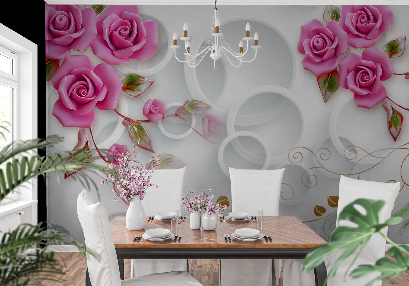 Papier peint des cerceaux blancs et une rose en rose