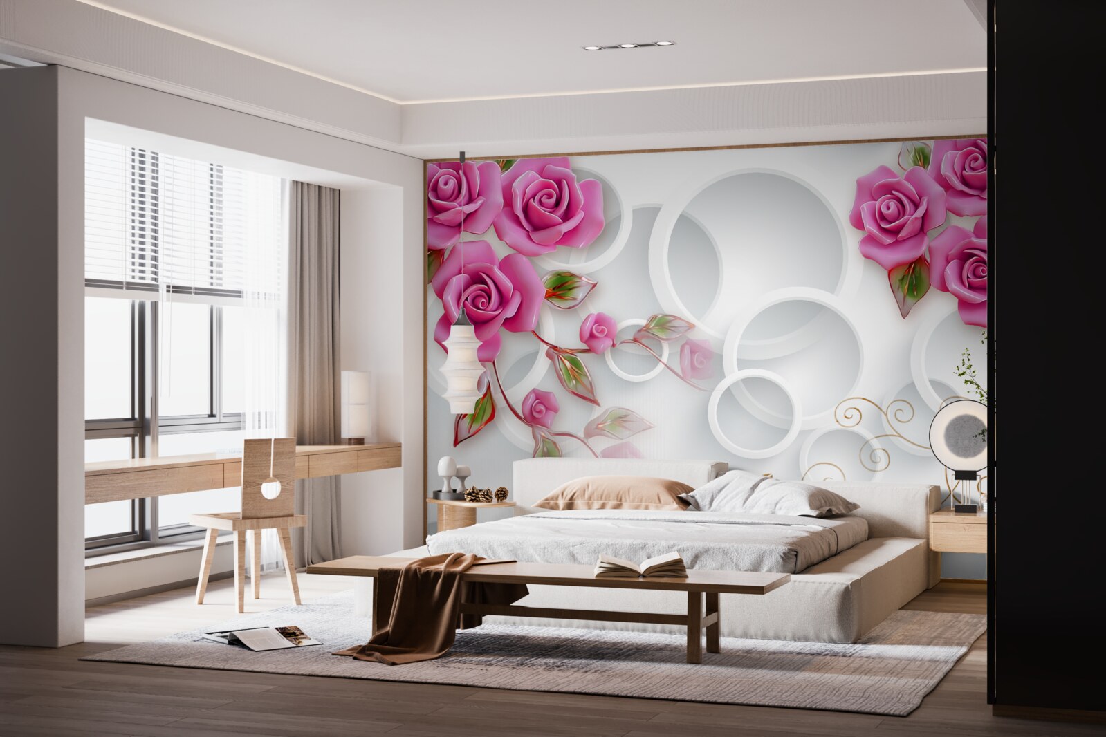 Papier peint des cerceaux blancs et une rose en rose