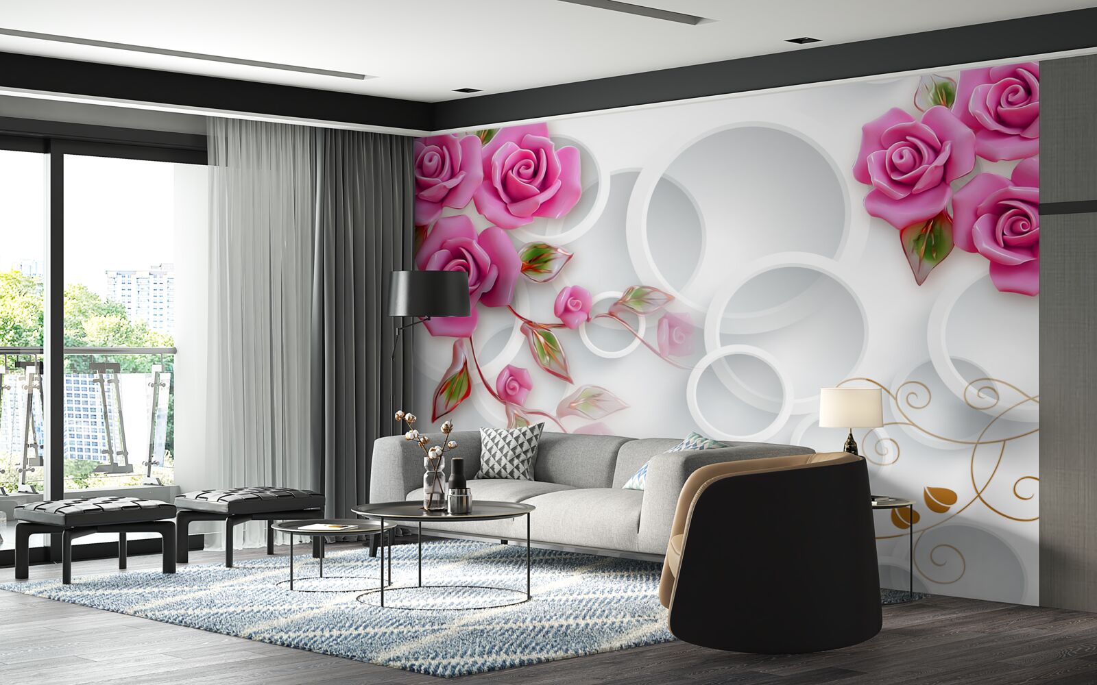 Papier peint des cerceaux blancs et une rose en rose